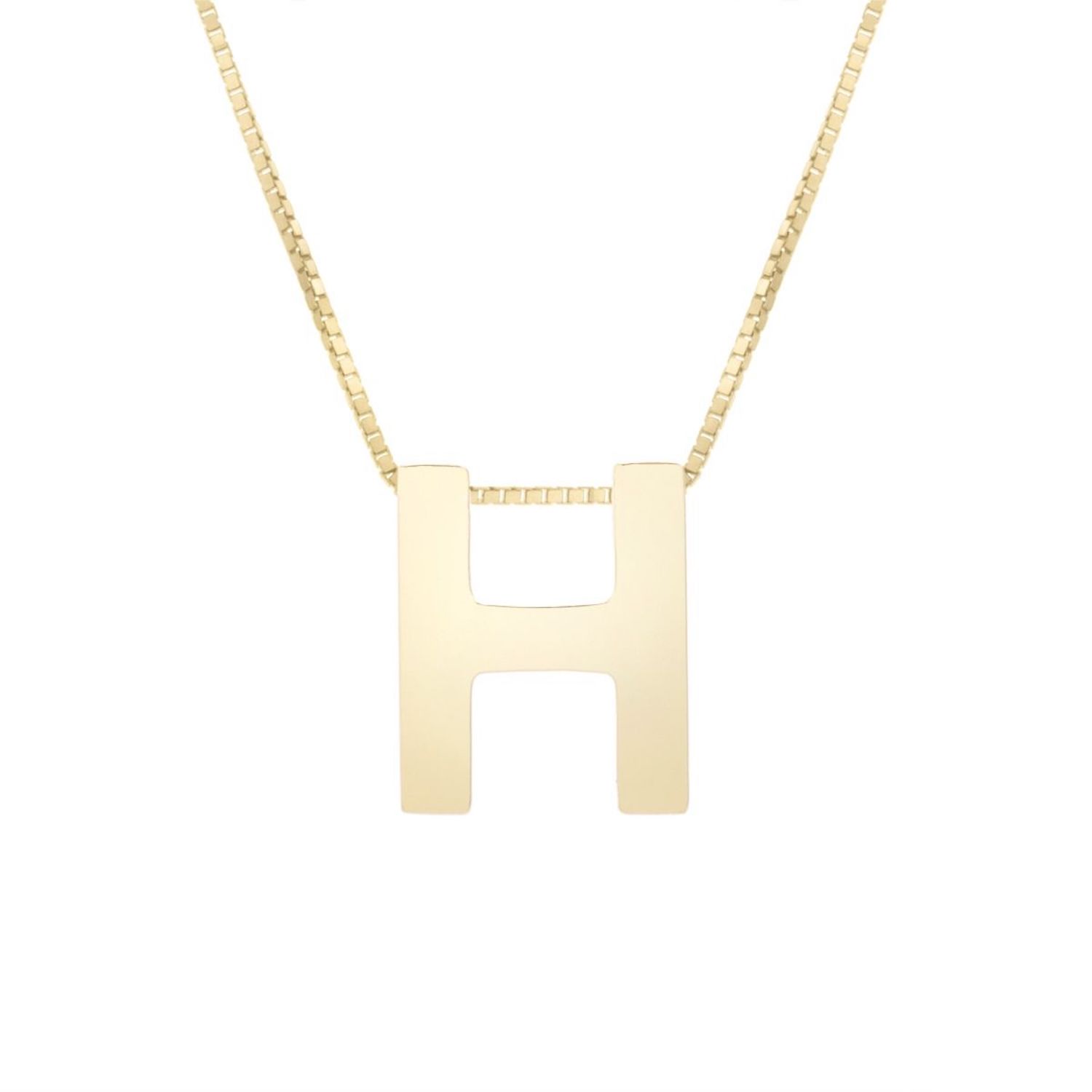 14K Yellow Gold Block Letter Initial Pendant Box Chain Necklace 16"-18" - H