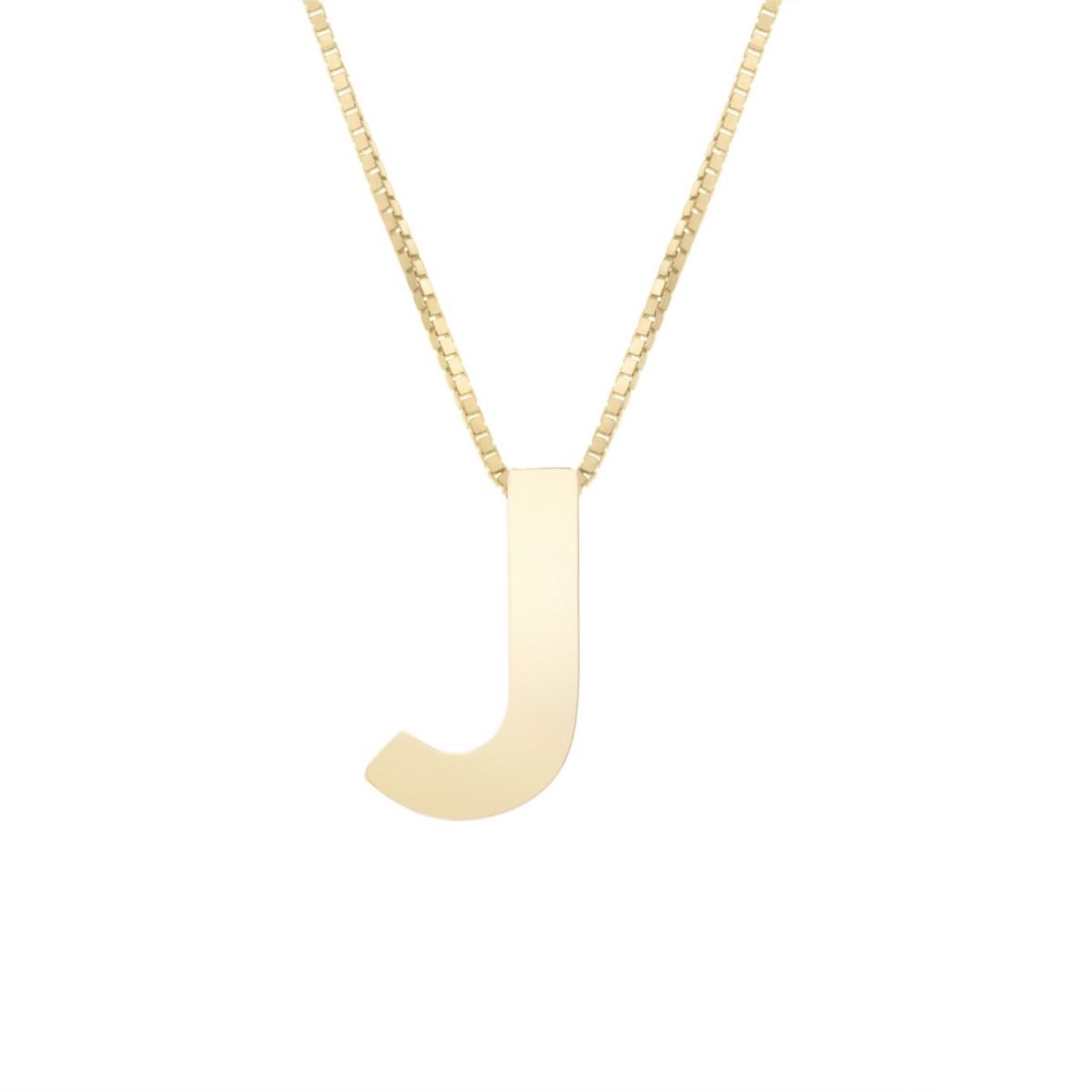 14K Yellow Gold Block Letter Initial Pendant Box Chain Necklace 16"-18" - J