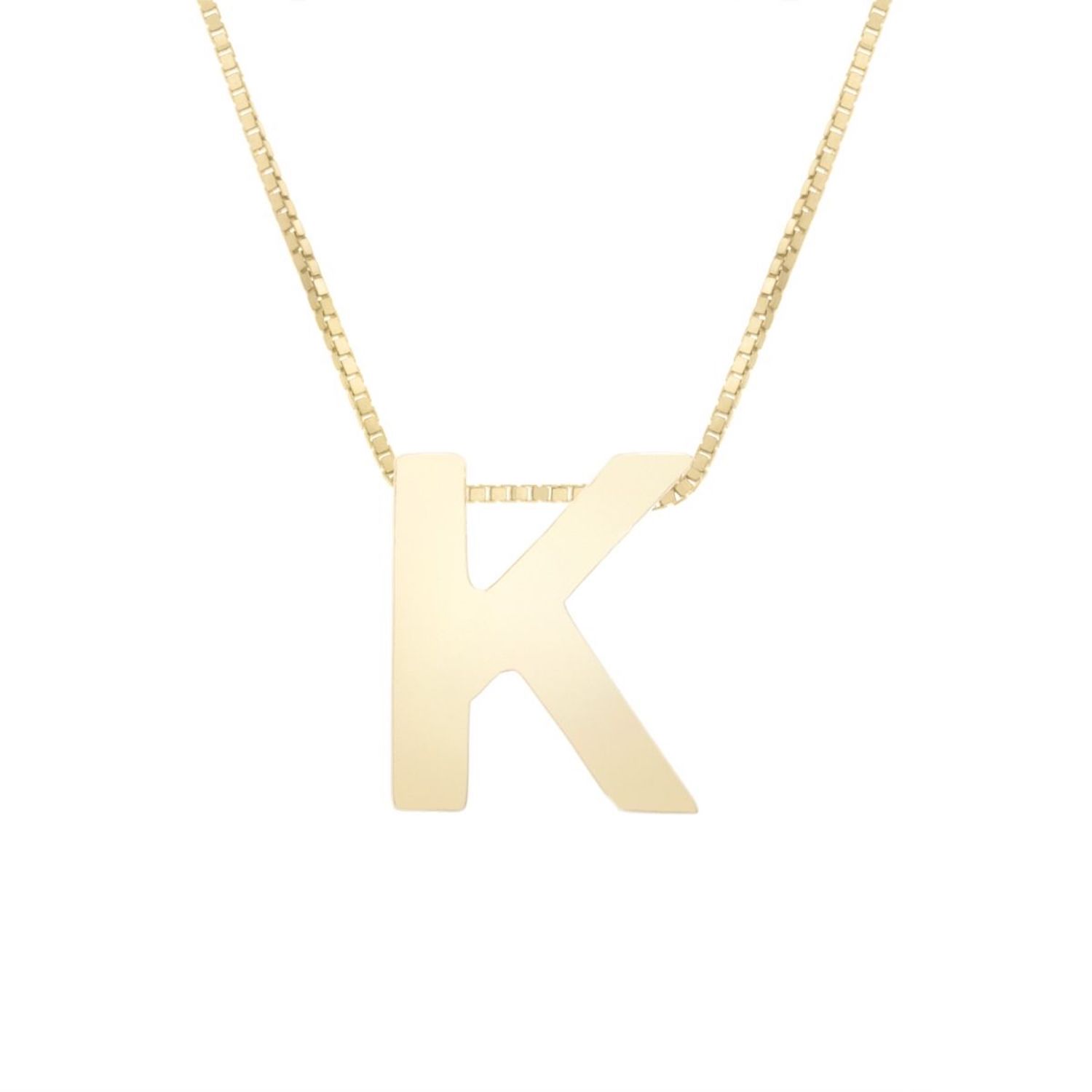 14K Yellow Gold Block Letter Initial Pendant Box Chain Necklace 16"-18" - K