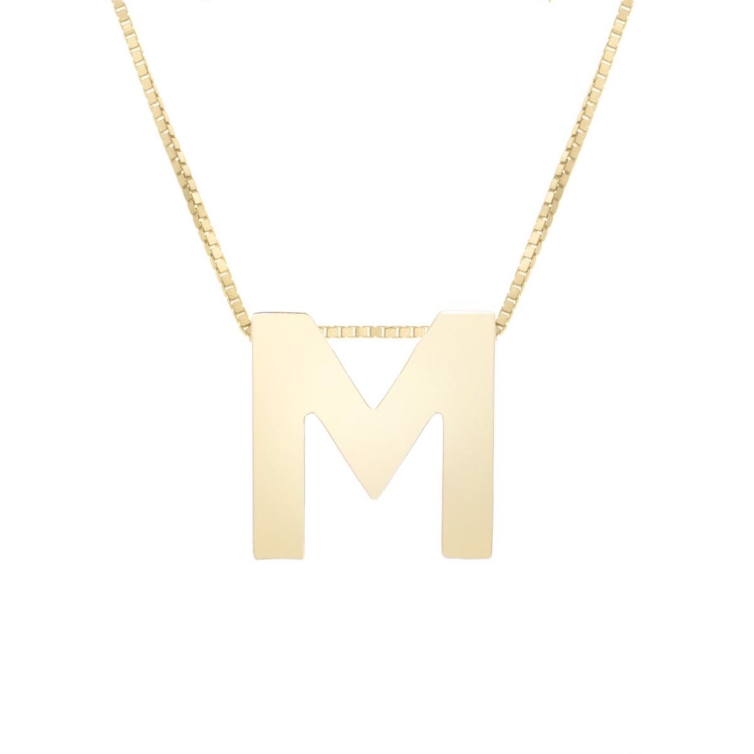 14K Yellow Gold Block Letter Initial Pendant Box Chain Necklace 16"-18" - M