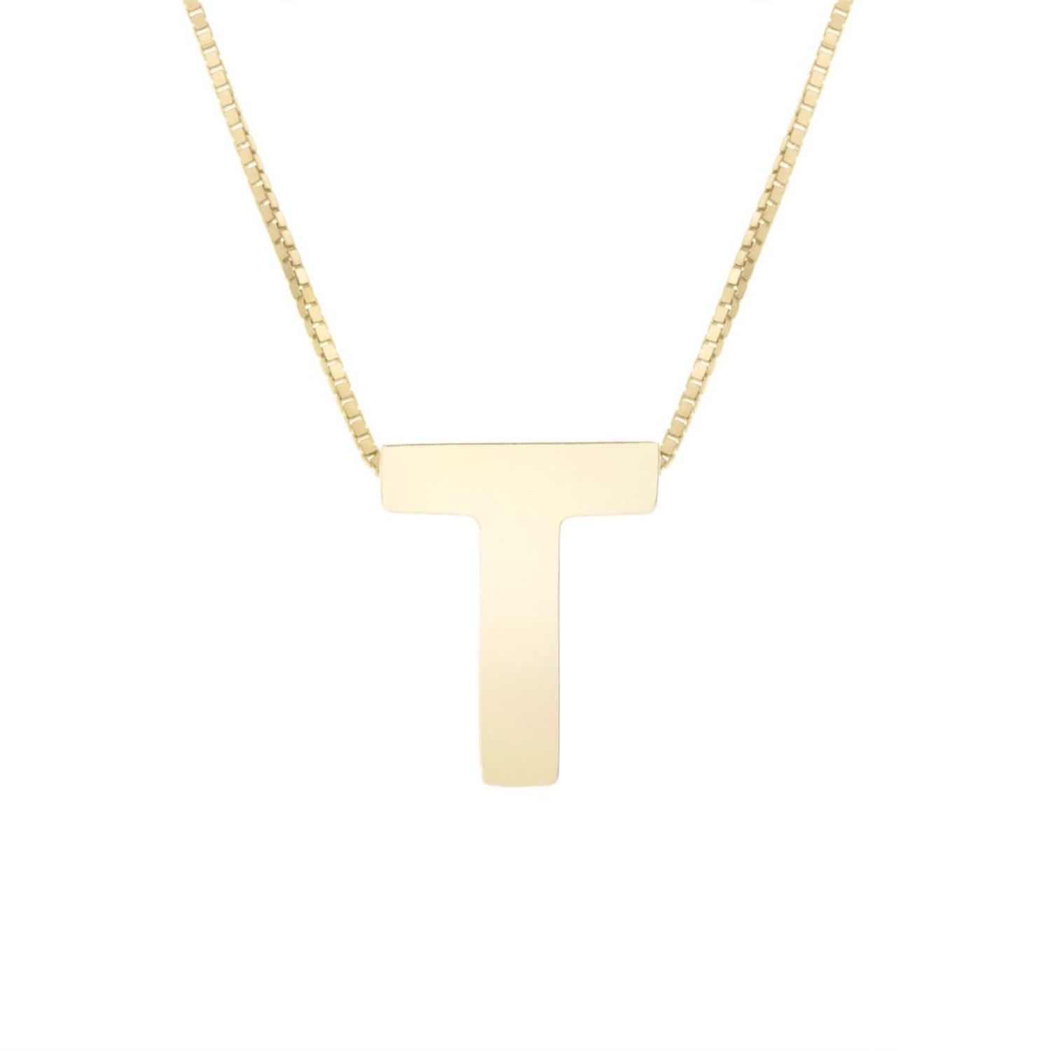 14K Yellow Gold Block Letter Initial Pendant Box Chain Necklace 16"-18" - T