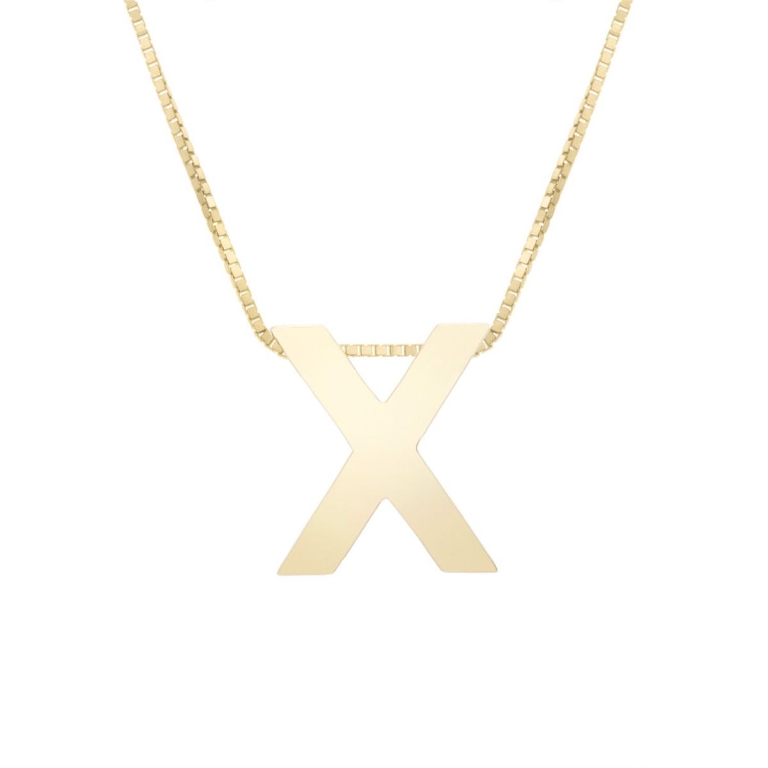 14K Yellow Gold Block Letter Initial Pendant Box Chain Necklace 16"-18" - X