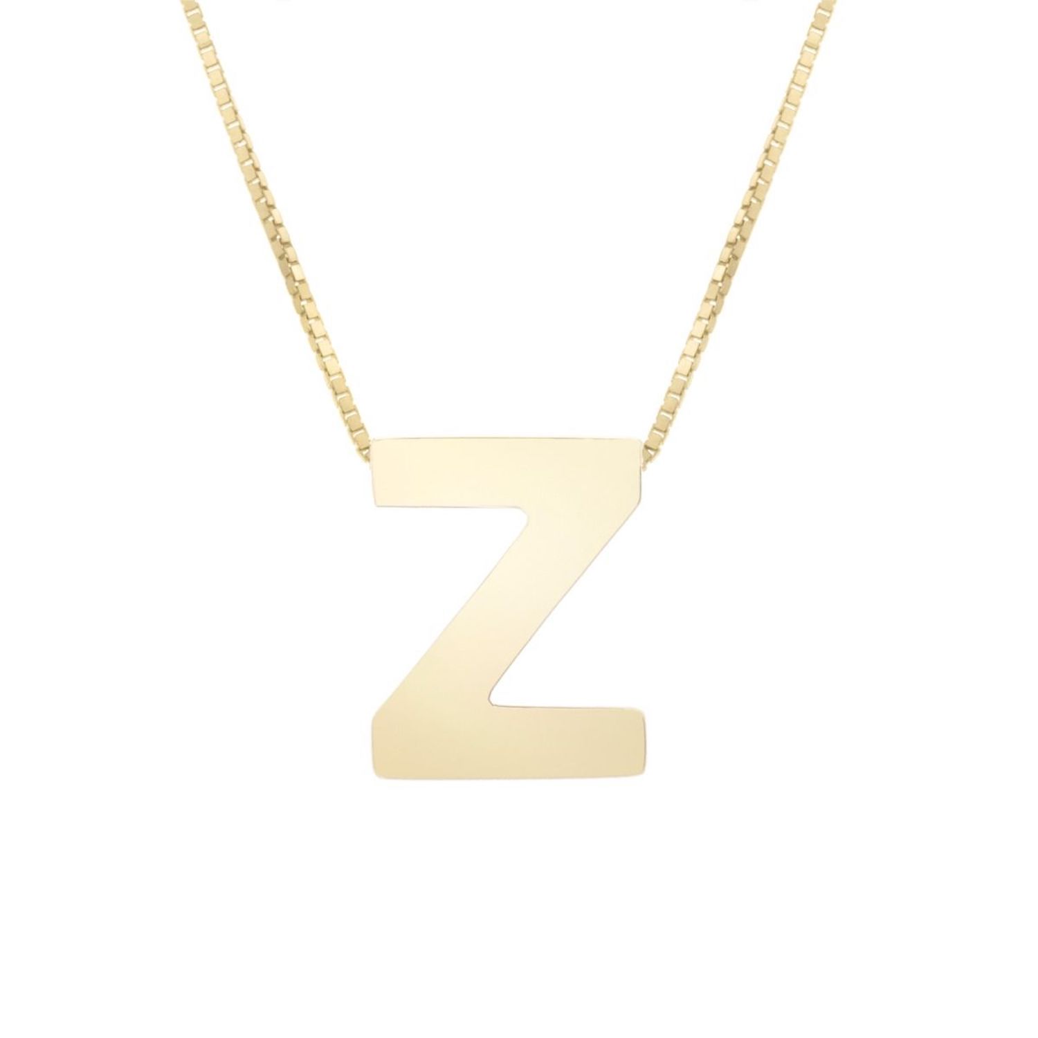 14K Yellow Gold Block Letter Initial Pendant Box Chain Necklace 16"-18" - Z