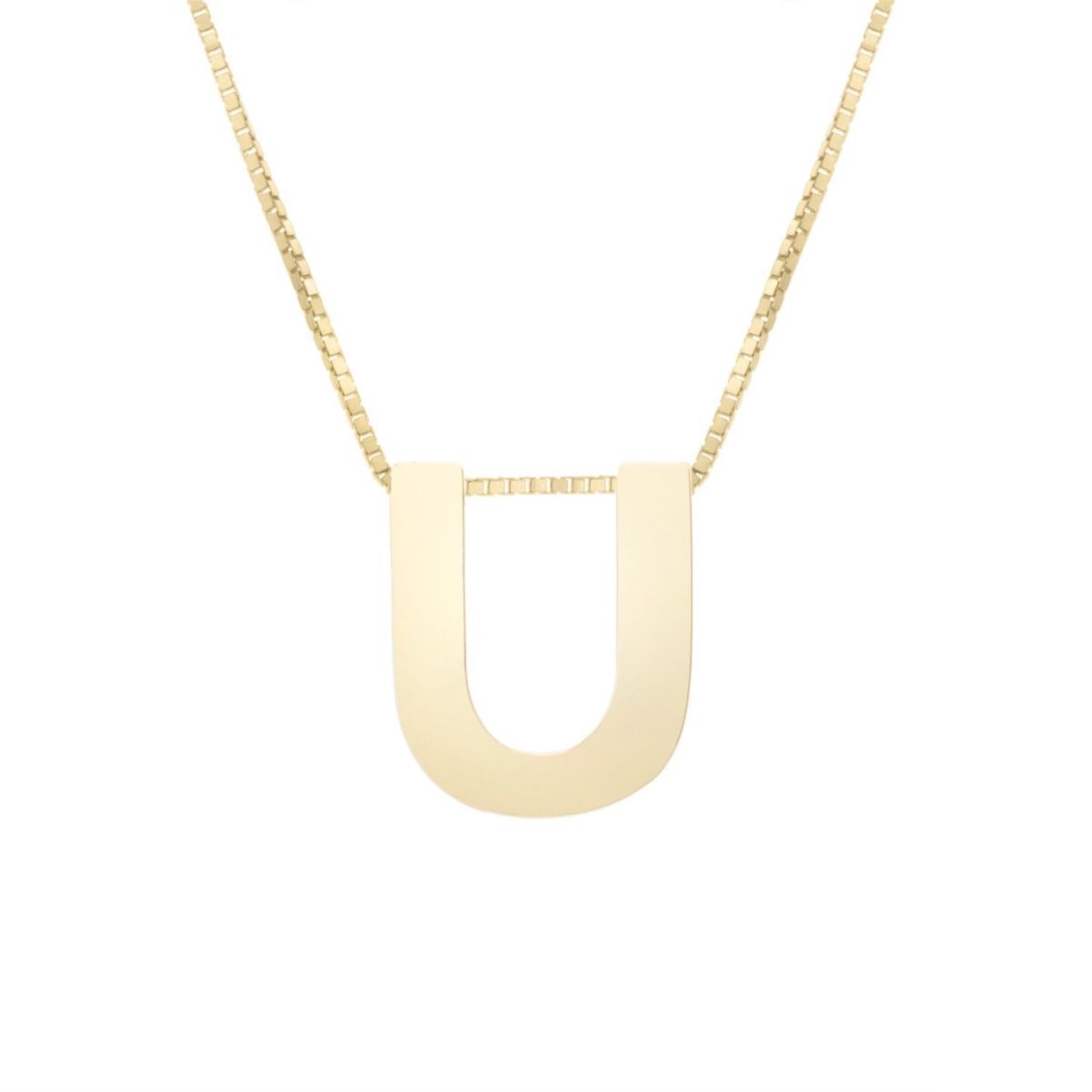 14K Yellow Gold Block Letter Initial Pendant Box Chain Necklace 16"-18" - U