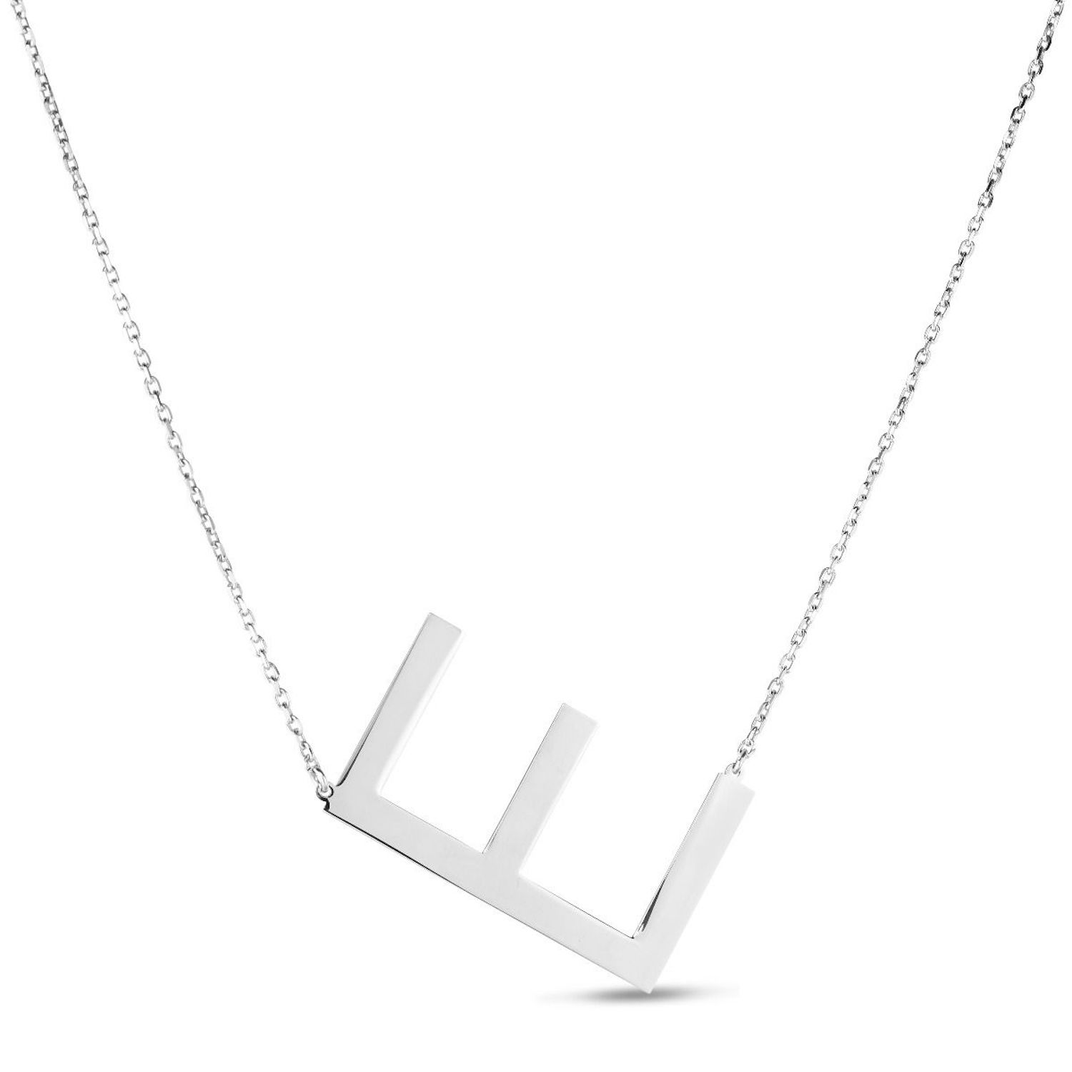 Sterling Silver Sideways Initials Letter Pendant Necklace 16"-18" Adj. 1.5" - E