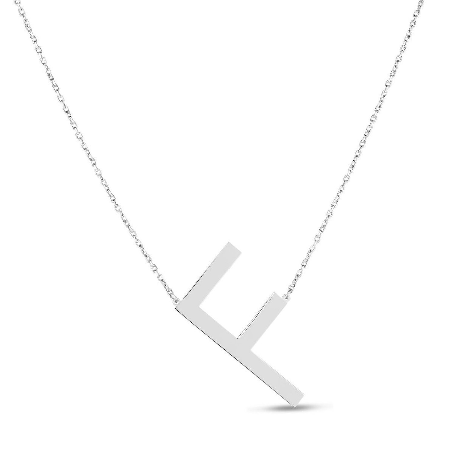 Sterling Silver Sideways Initials Letter Pendant Necklace 16"-18" Adj. 1.5" - F