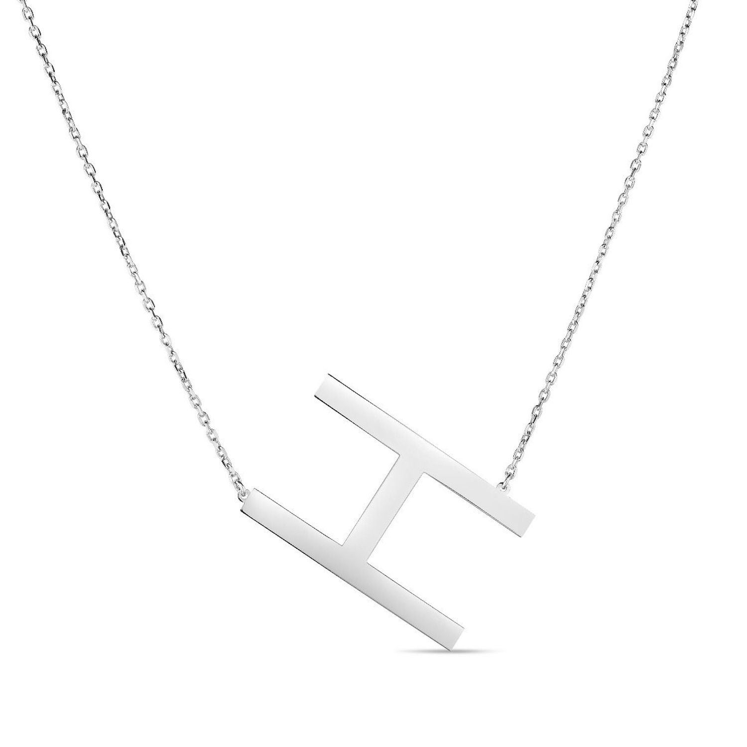 Sterling Silver Sideways Initials Letter Pendant Necklace 16"-18" Adj. 1.5" - H