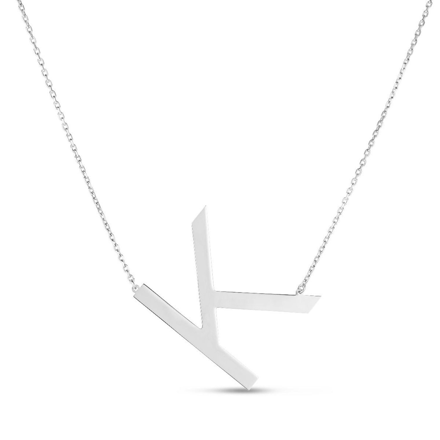 Sterling Silver Sideways Initials Letter Pendant Necklace 16"-18" Adj. 1.5" - K