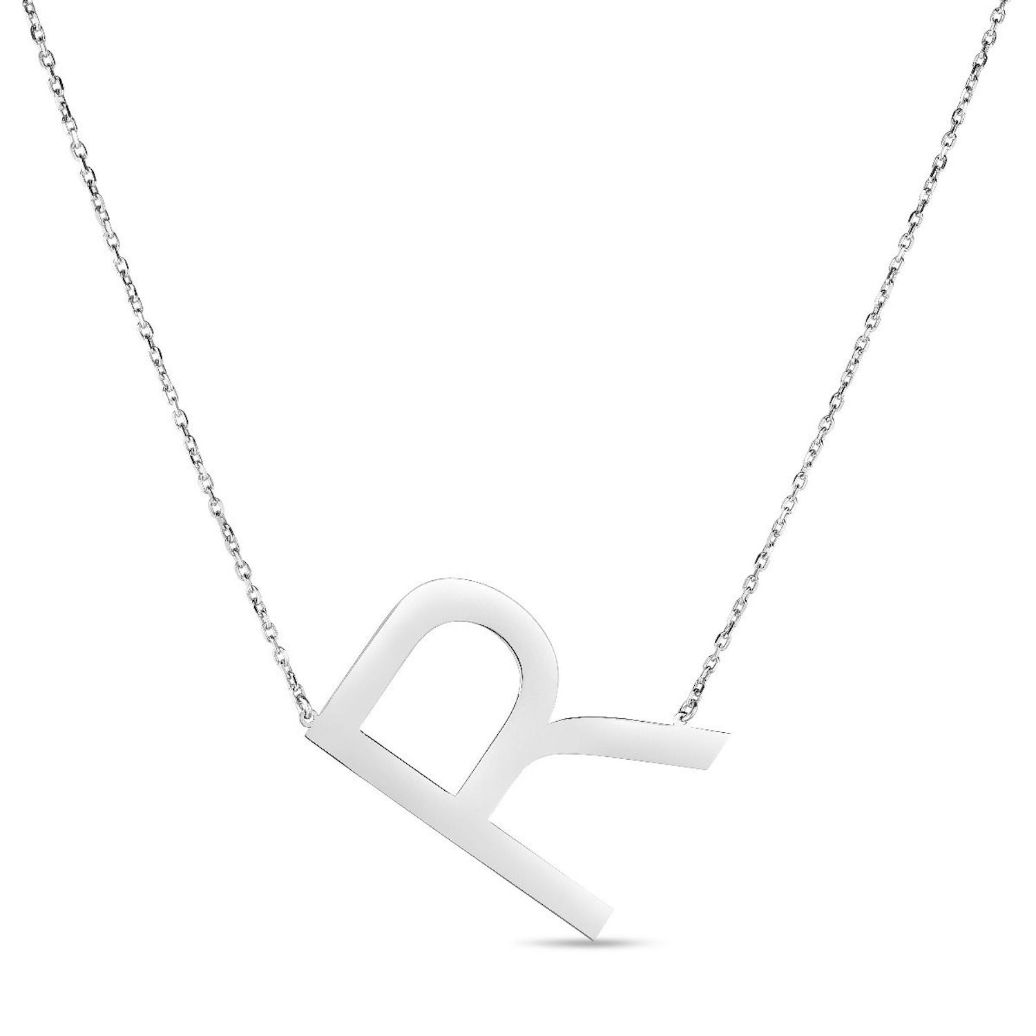 Sterling Silver Sideways Initials Letter Pendant Necklace 16"-18" Adj. 1.5" - R