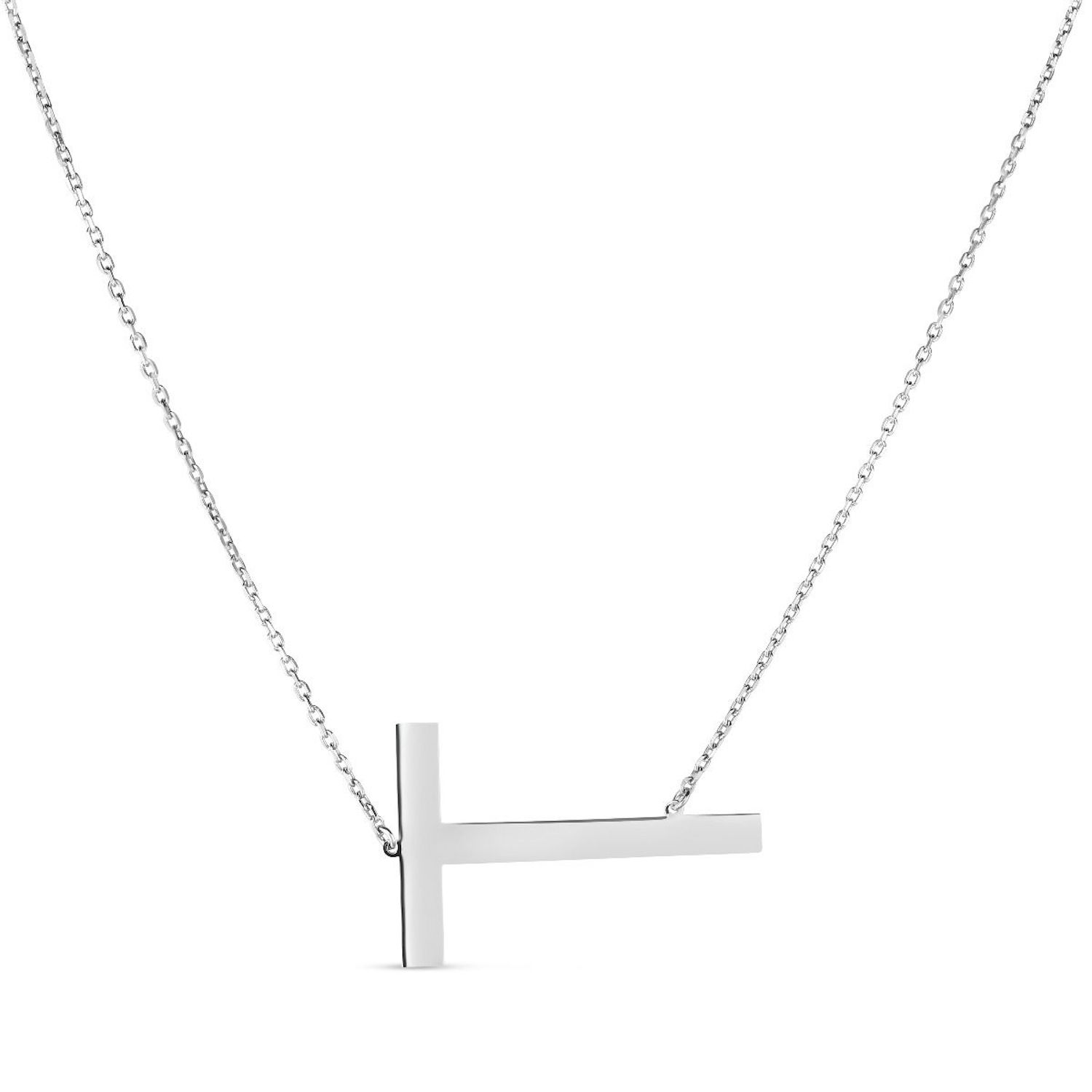Sterling Silver Sideways Initials Letter Pendant Necklace 16"-18" Adj. 1.5" - T
