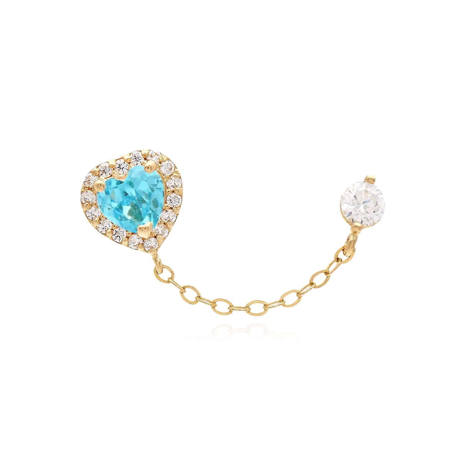 14K Yellow Gold Simulated Gemstone Halo Heart Stud Double Pierced Earrings - Blue Topaz
