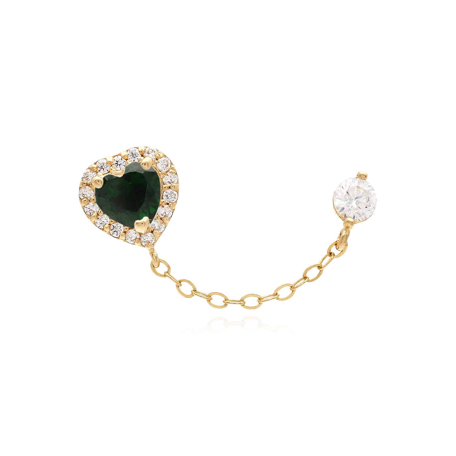 14K Yellow Gold Simulated Gemstone Halo Heart Stud Double Pierced Earrings - Emerald