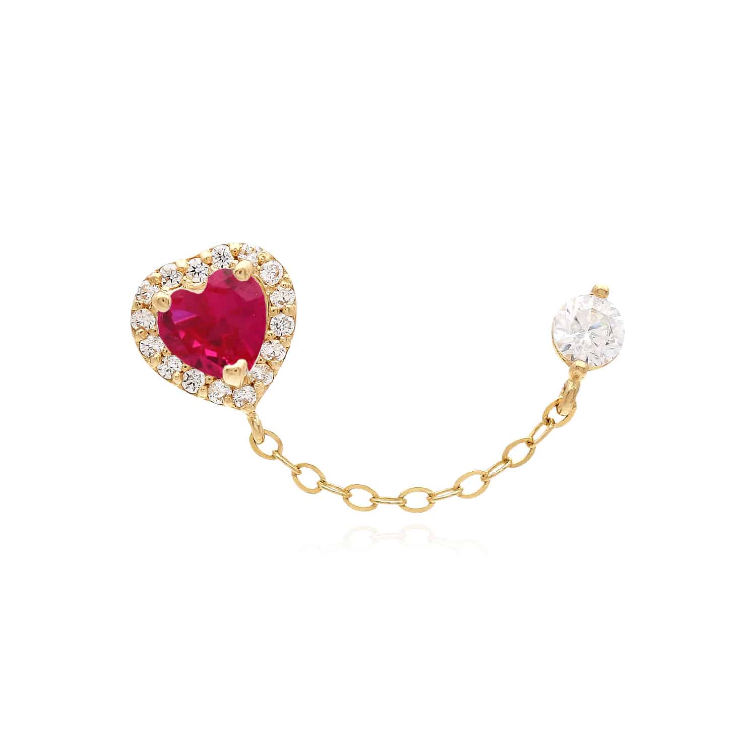 14K Yellow Gold Simulated Gemstone Halo Heart Stud Double Pierced Earrings - Ruby