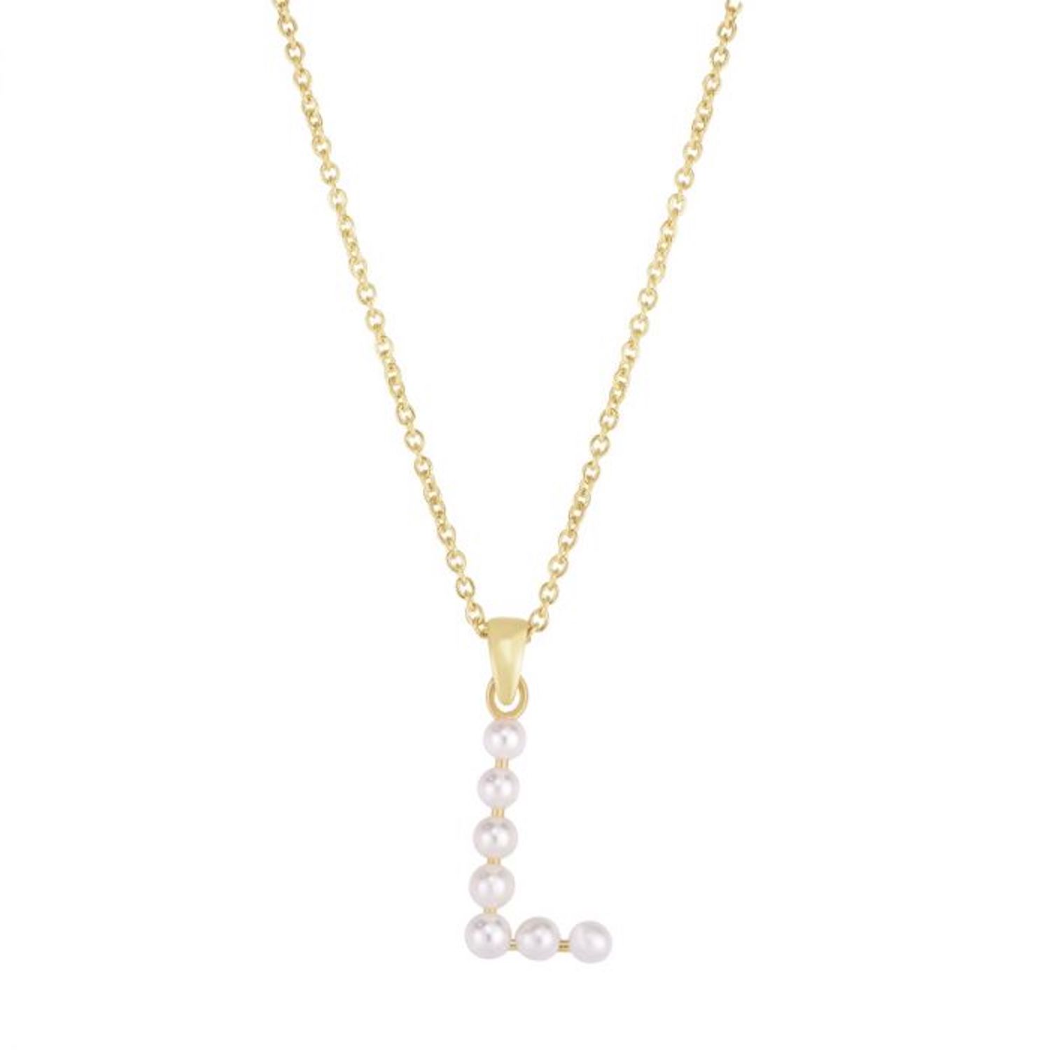 14K Yellow Gold Cultured Pearl Initials Letter Pendant Necklace 18" - L