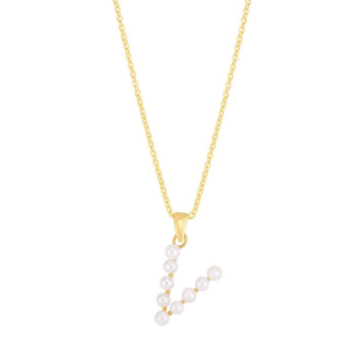 14K Yellow Gold Cultured Pearl Initials Letter Pendant Necklace 18" - V