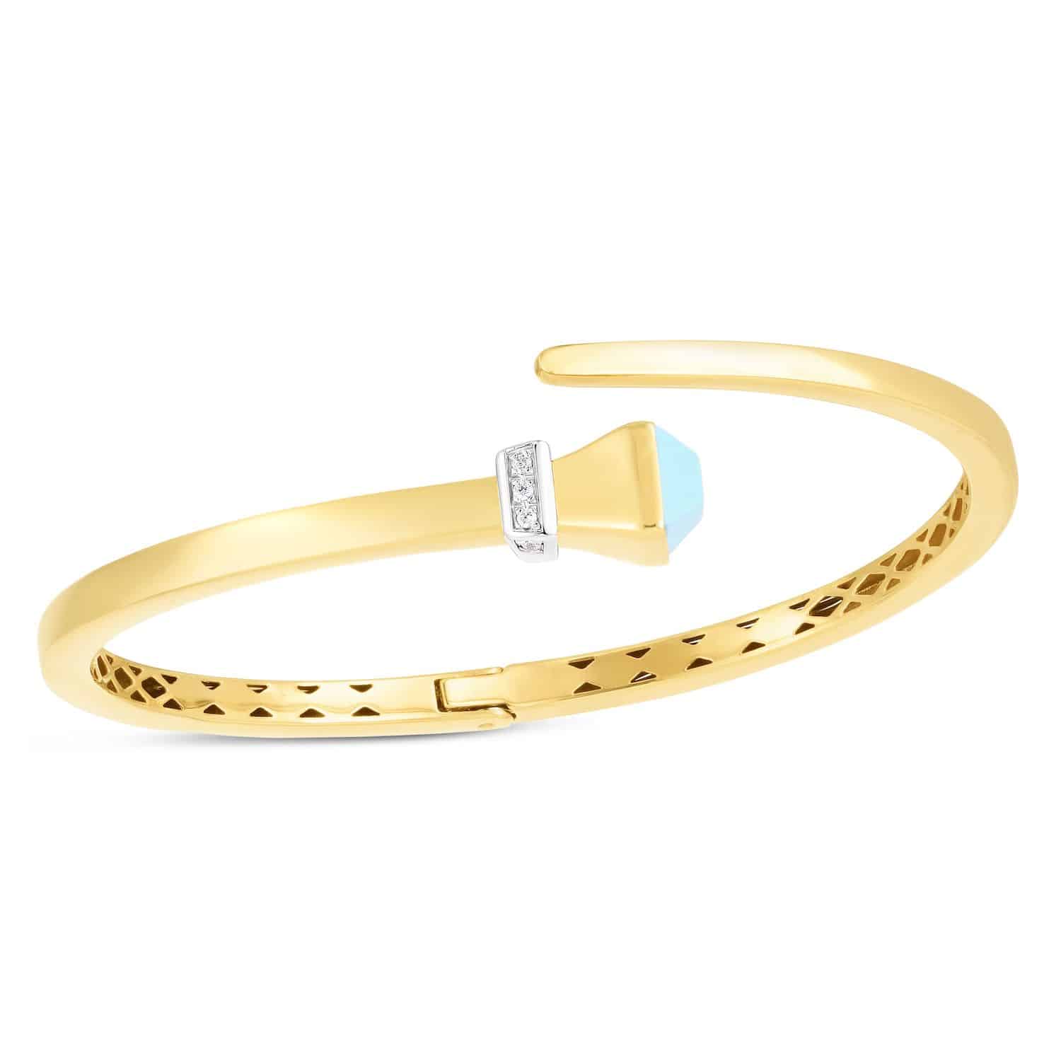 Natural Diamond 14K Yellow Gold Onyx Turquoise Wrap Hinged Bangle Bracelet 7.5" - Turquoise
