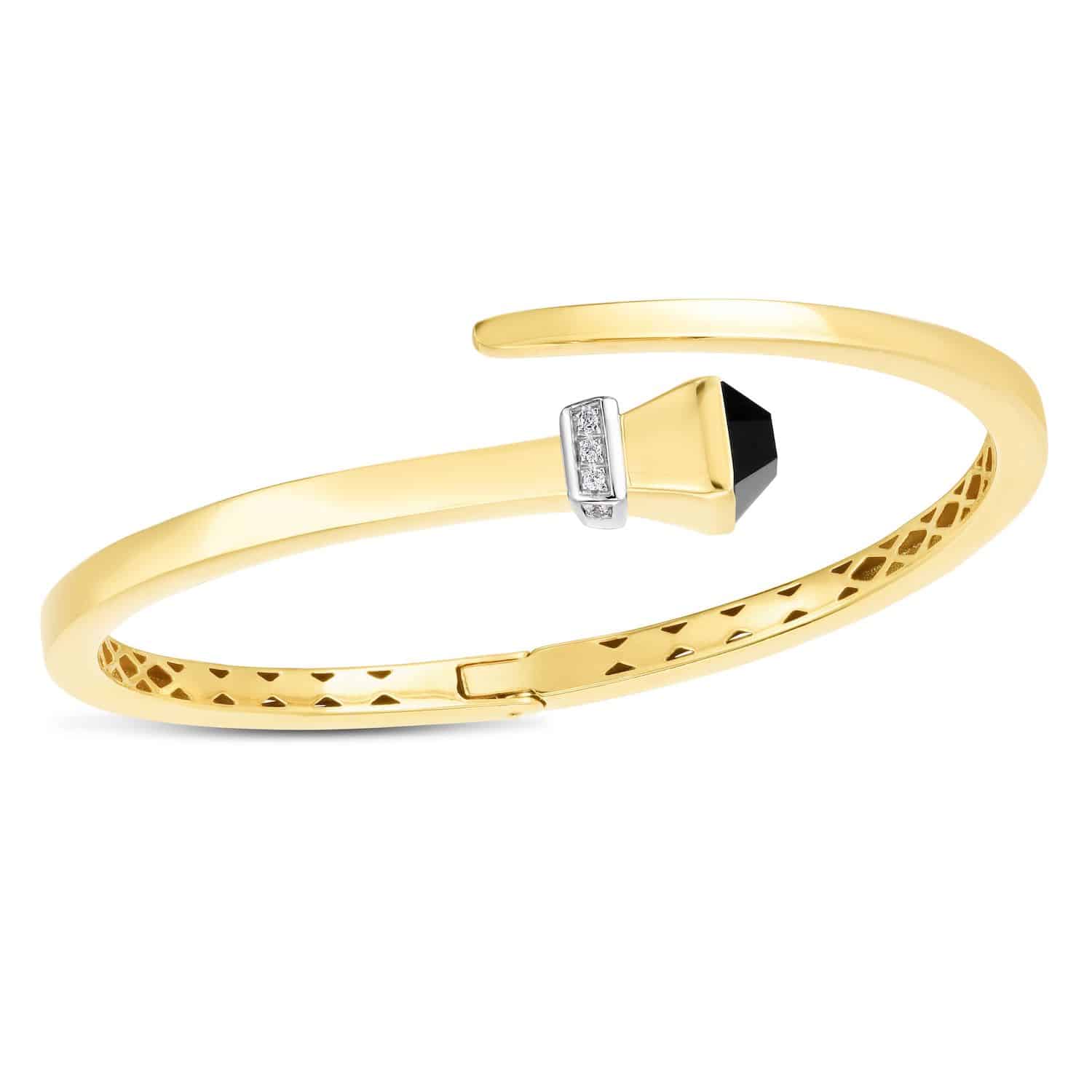Natural Diamond 14K Yellow Gold Onyx Turquoise Wrap Hinged Bangle Bracelet 7.5" - Onyx