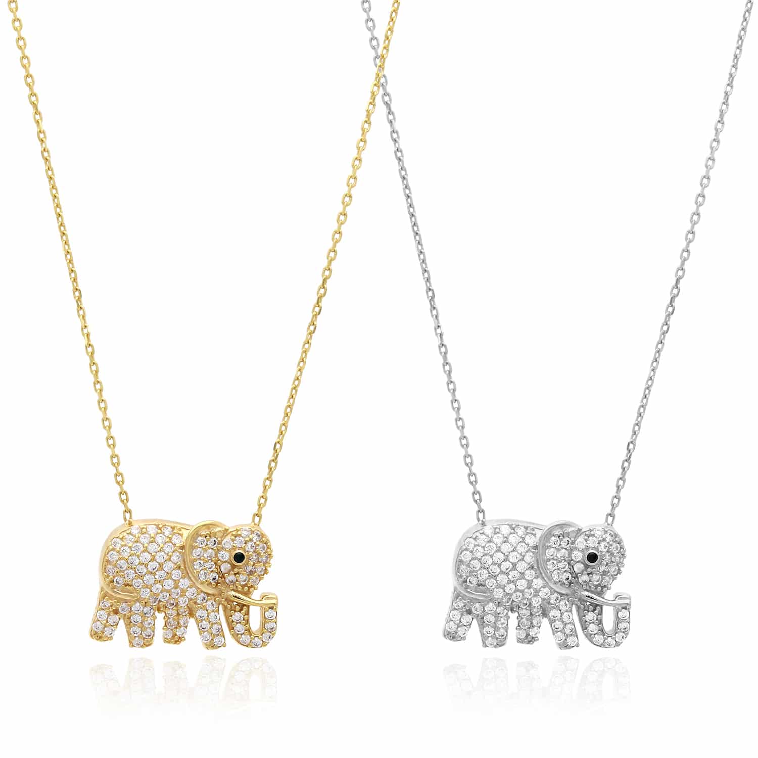 18K Gold Over Silver Simulated Diamond Elephant Pendant Necklace 16"-17.5" Adjus - White Gold Plated