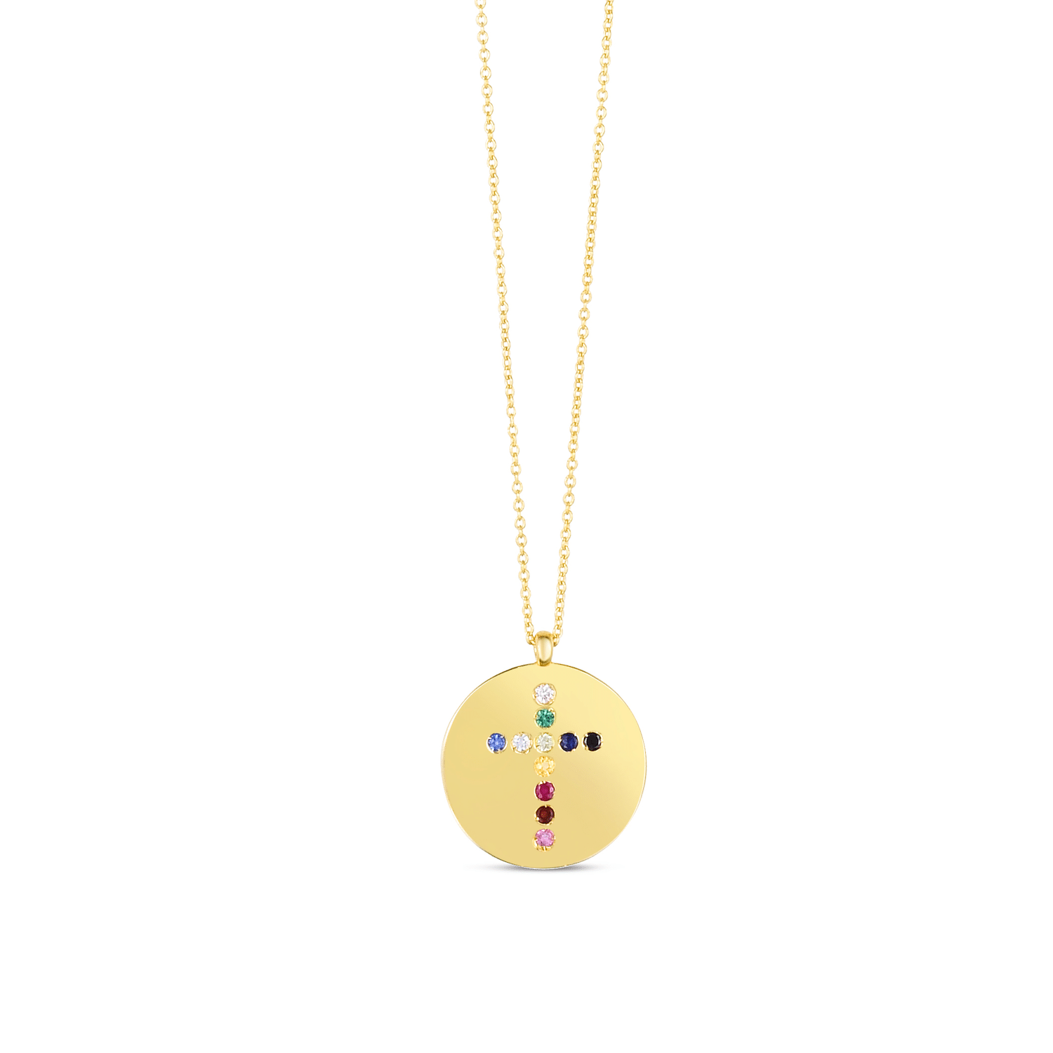 14K Yellow Gold Gemstone Diamond Cross Pendant Medallion Chain Necklace 16"-18"
