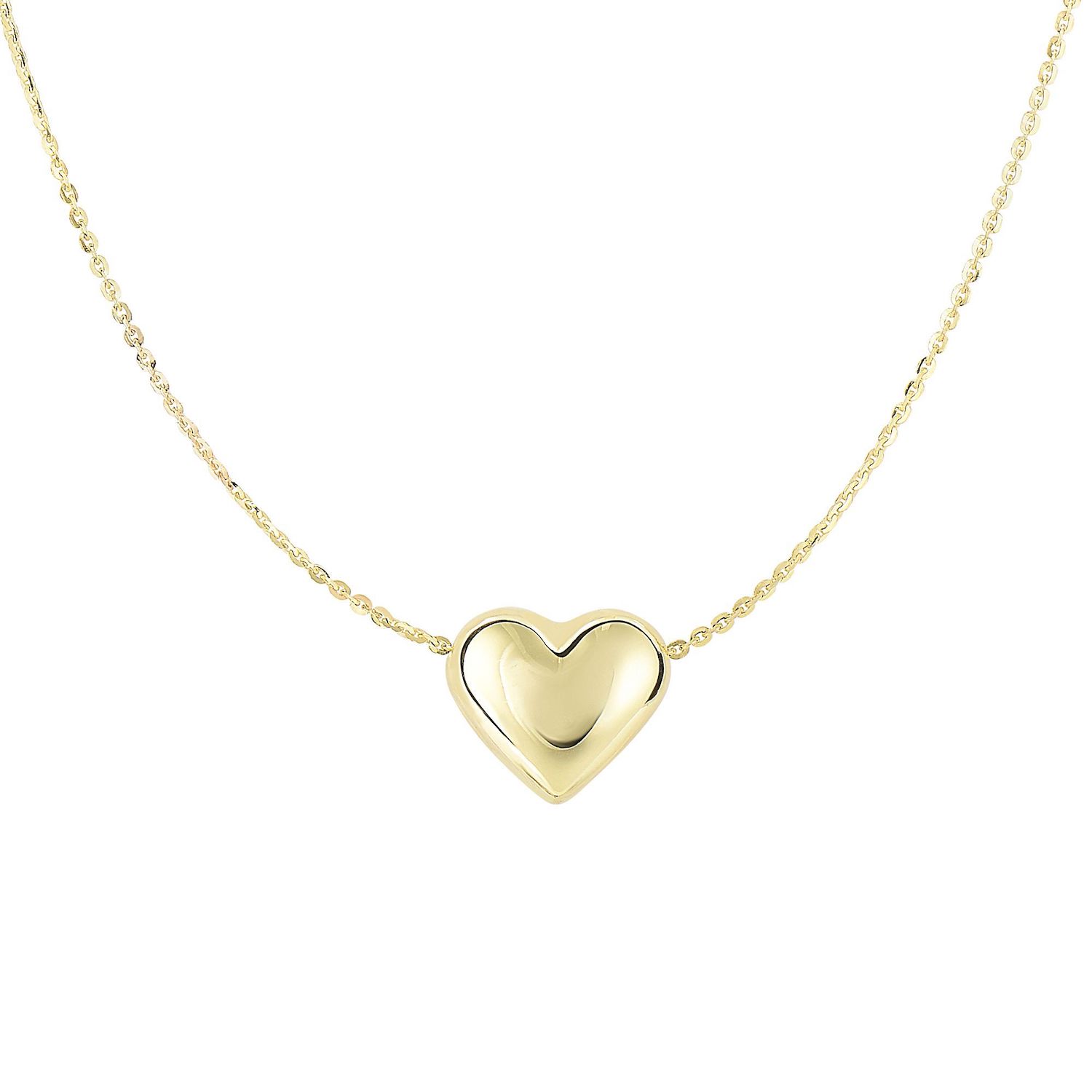 14K Yellow Gold Puffed Heart Pendant Chain Necklace 18"