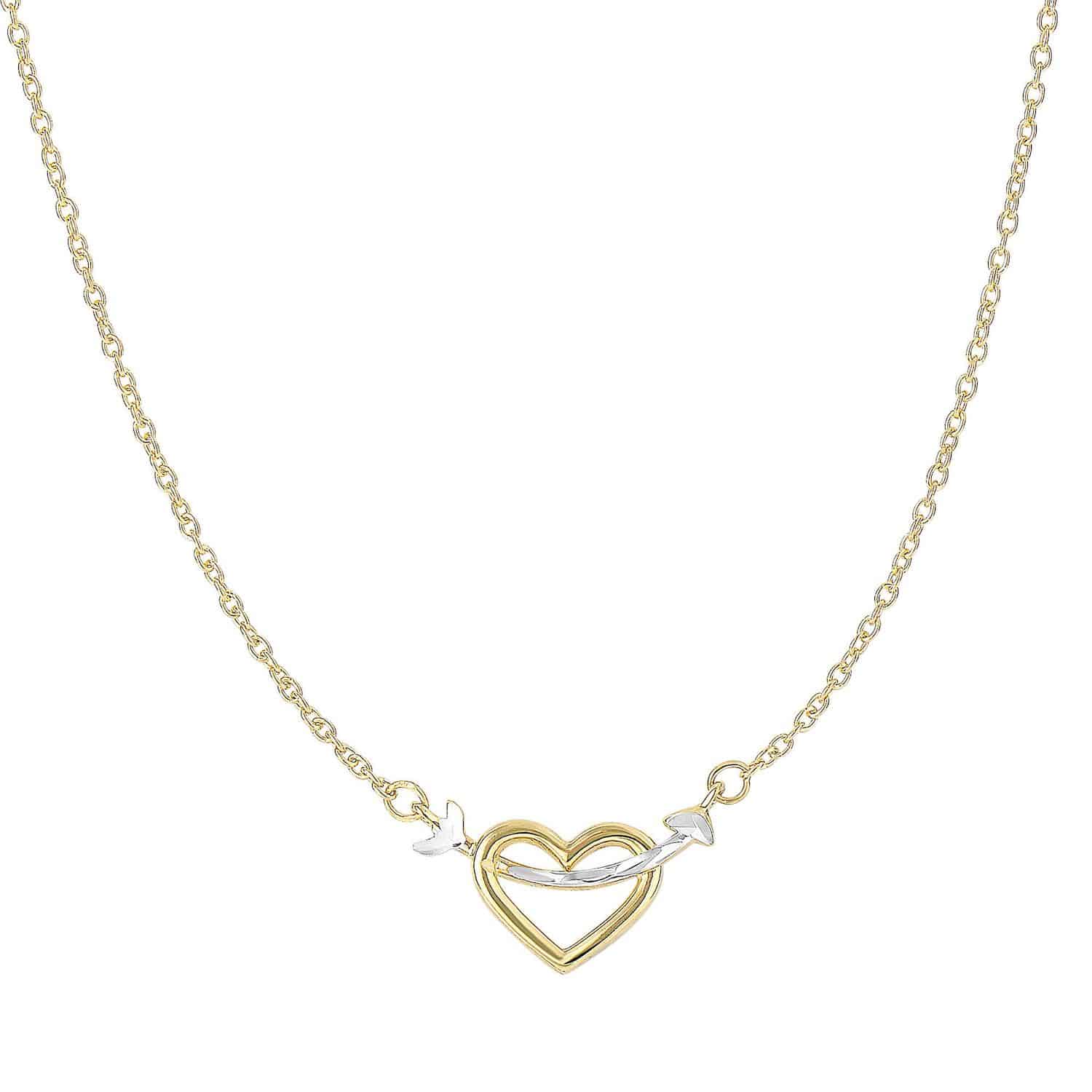 14K Gold Yellow White Two-Tone Heart Arrow Pendant Chain Necklace 18"
