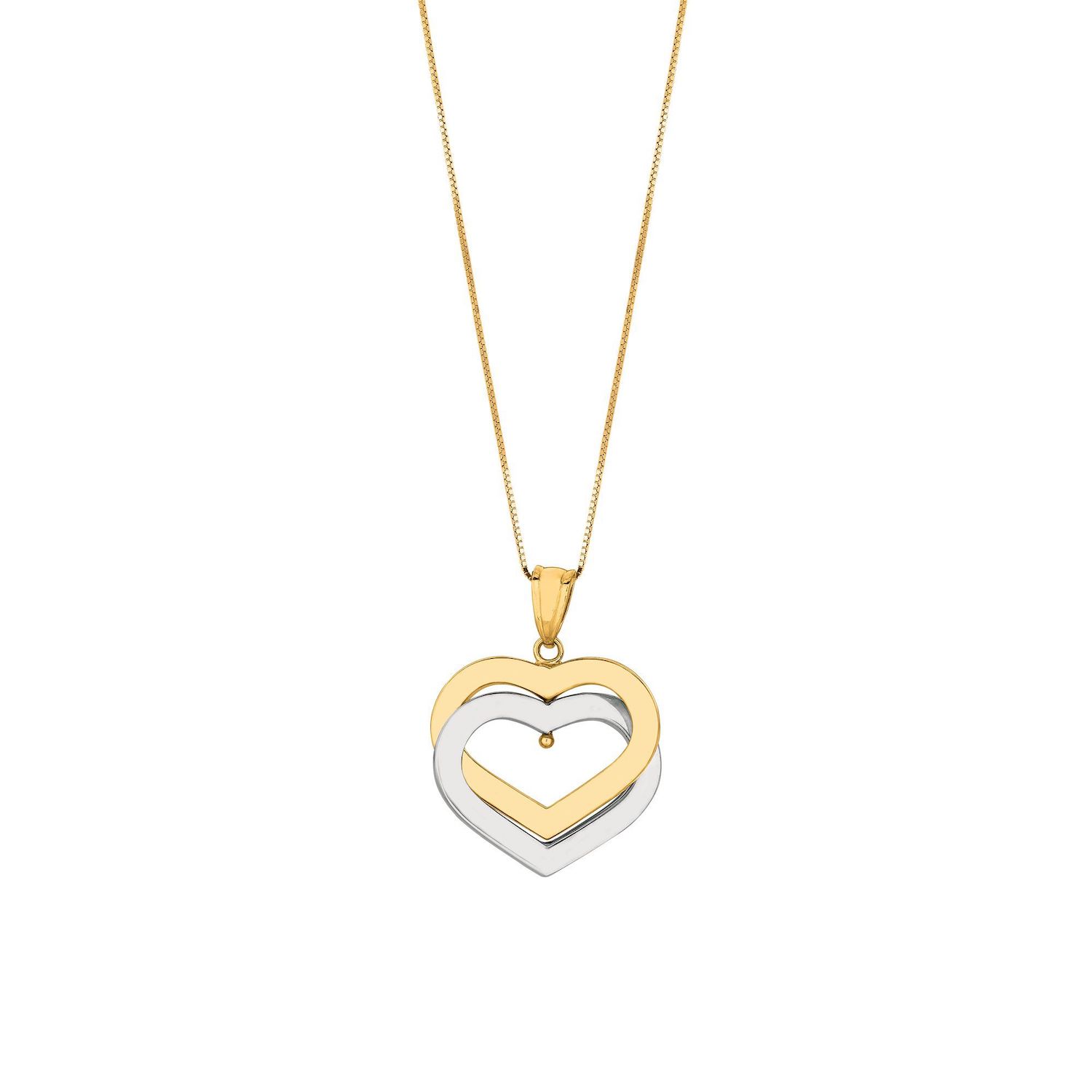 14K Gold Yellow White Two-Tone Interlocking Hearts Pendant Chain Necklace 18"