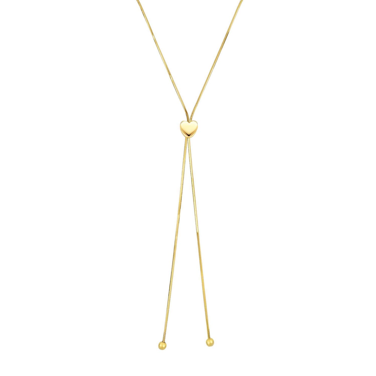 14K Yellow Gold Snake Slide Lariat Heart Pendant Chain Necklace 24" Adjustable