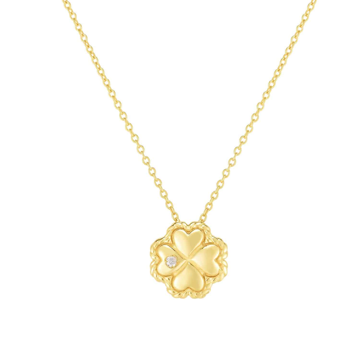 Natural Diamond 14K Yellow Gold Twisted Rope Clover Pendant Necklace 16"-18" Adj