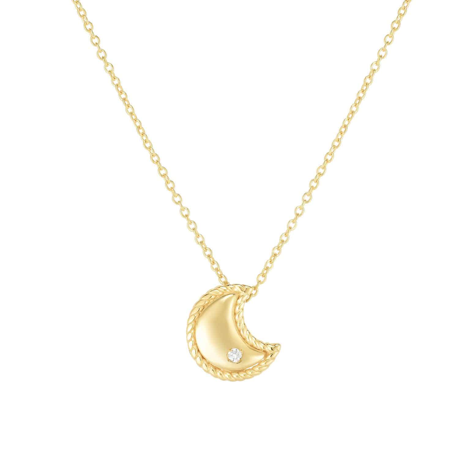 Natural Diamond 14K Yellow Gold Twisted Rope Moon Pendant Necklace 18" Adjust.