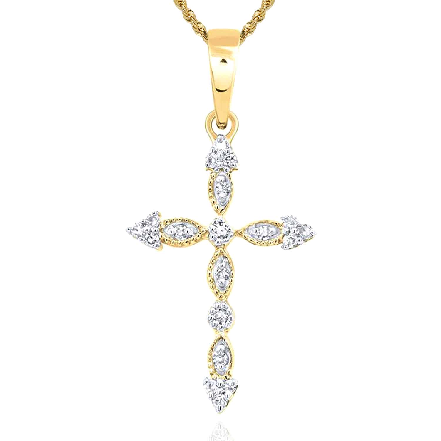 .08CTW Natural Diamond 10K Gold Yellow White Rose Milgrain Cross Pendant - Yellow Gold