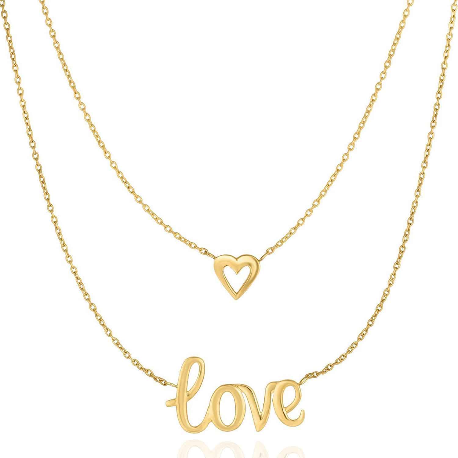 10K Yellow Gold Multi Layered Cable Chain Heart "Love" Pendant Necklace 17"