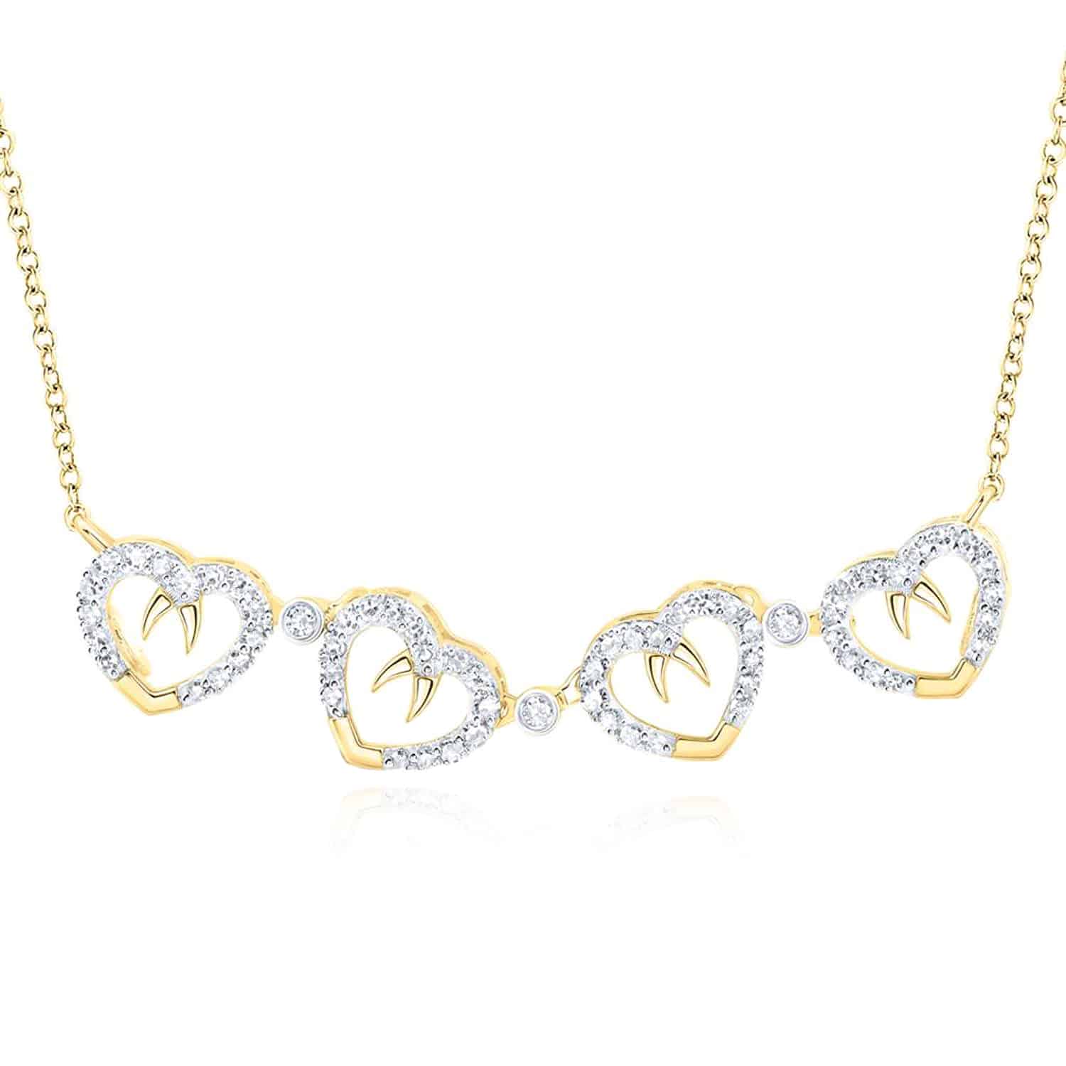 Natural Diamond 10K Gold Yellow White Four Clover Hearts Pendant Necklace 18" - Yellow Gold