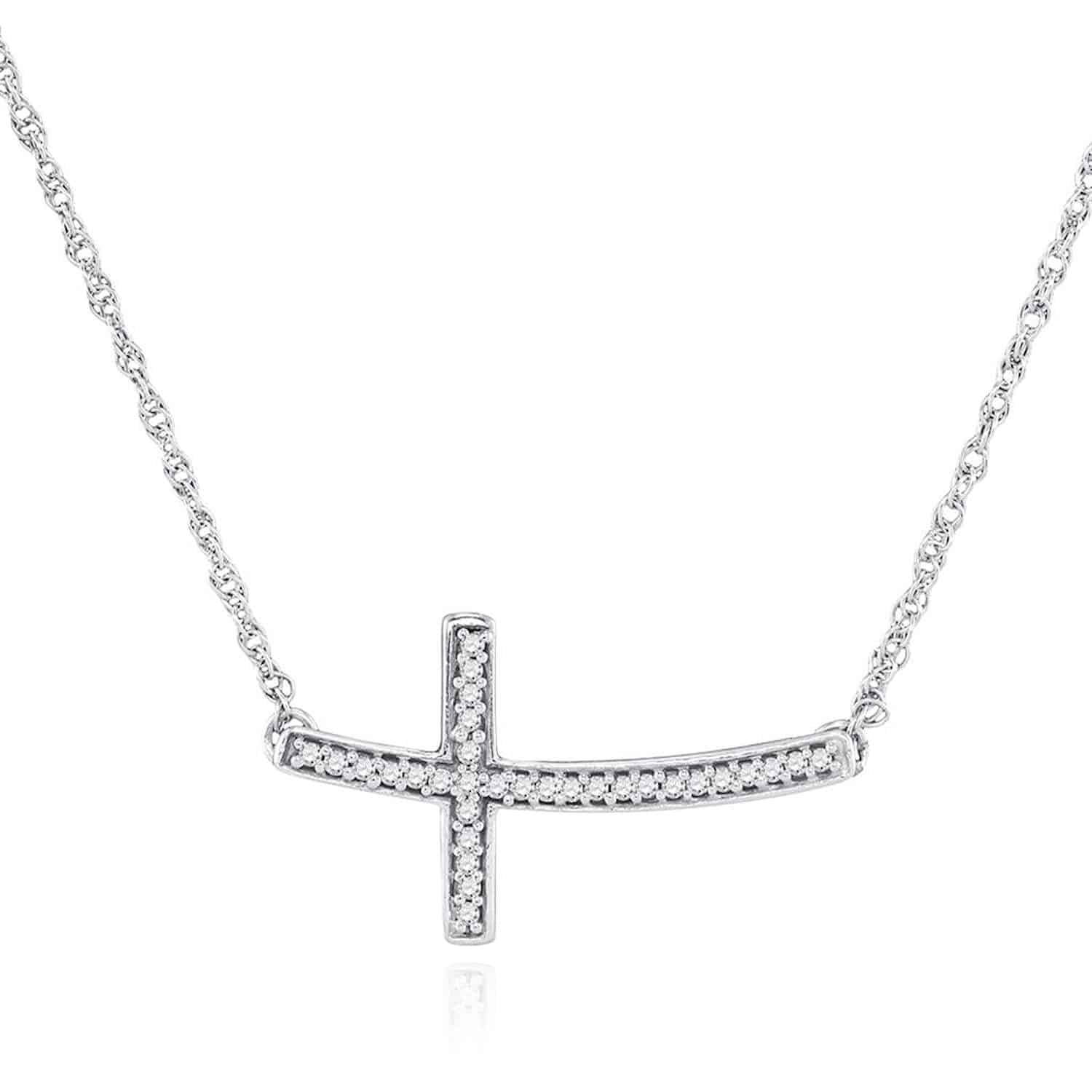 Natural Diamond 10K Gold Yellow White Curved Sideways Cross Pendant Necklace 18" - White Gold
