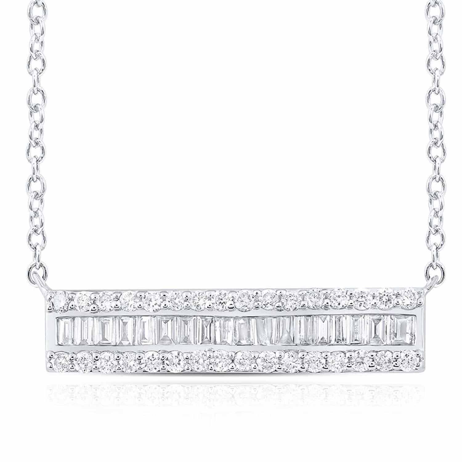 Natural Diamond Round Baguette 10K White Gold Bar Pendant Chain Necklace 18"