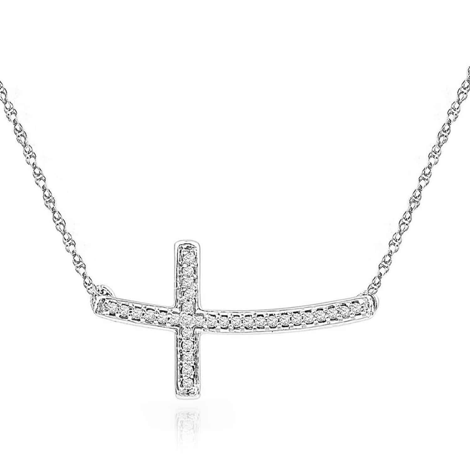 Natural Diamond 18K White Gold Over Silver Sideways Cross Pendant Necklace 17"