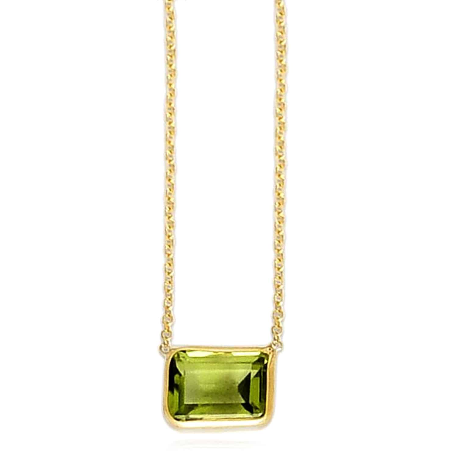 14K Yellow Gold Emerald-Cut Bezel Gemstone Pendant Necklace 16"-18" Adjustable - Peridot