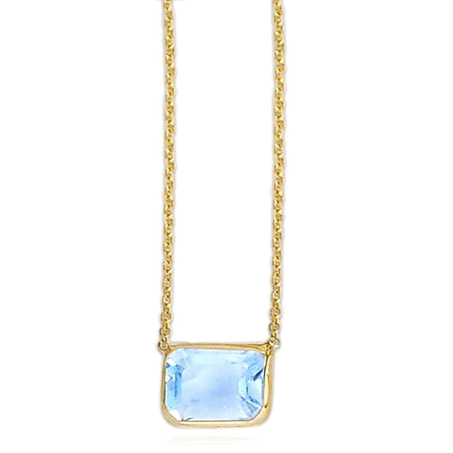 14K Yellow Gold Emerald-Cut Bezel Gemstone Pendant Necklace 16"-18" Adjustable - Blue Topaz