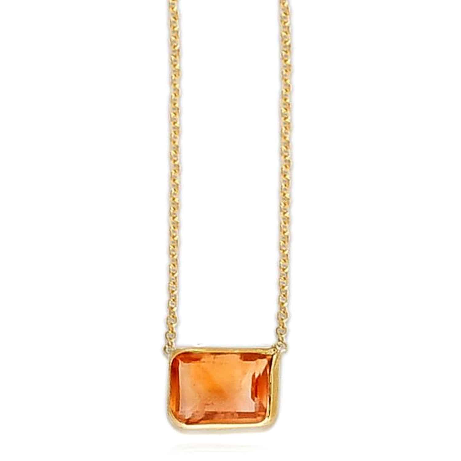 14K Yellow Gold Emerald-Cut Bezel Gemstone Pendant Necklace 16"-18" Adjustable - Citrine