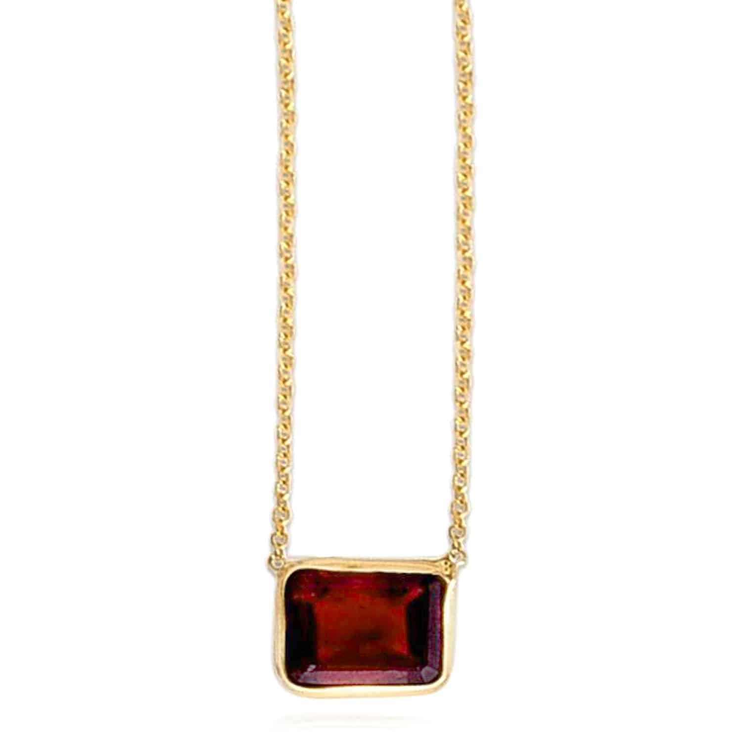 14K Yellow Gold Emerald-Cut Bezel Gemstone Pendant Necklace 16"-18" Adjustable - Garnet