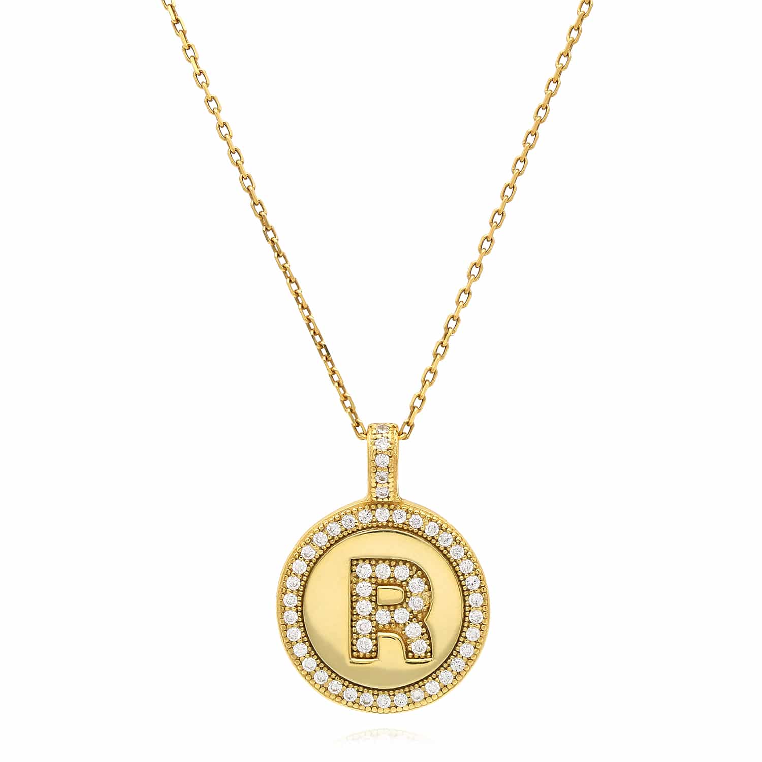 18K Yellow Gold Over Silver Simulated Diamond Round Initial Pendant Necklace 18" - A