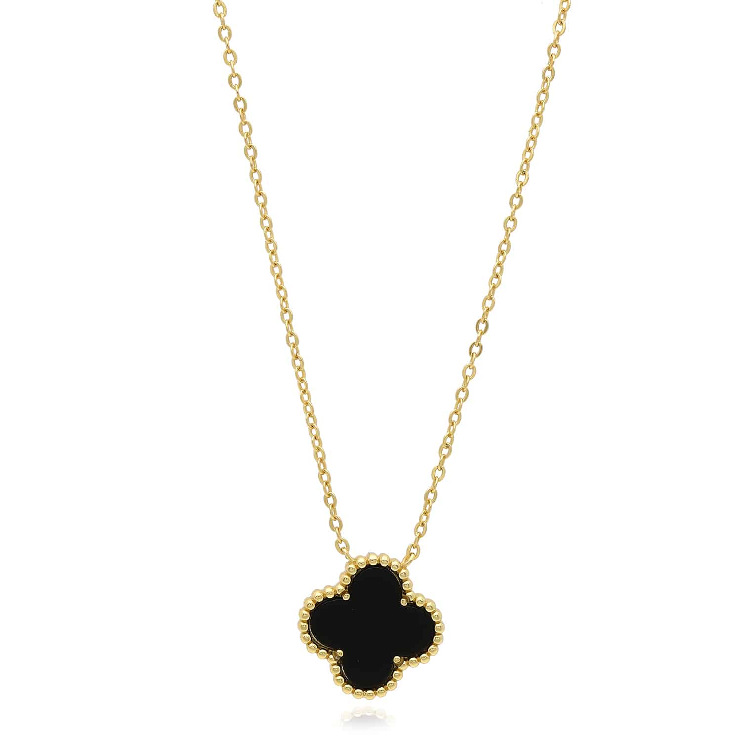 Yellow Gold Over Silver Gemstone Clover Leaf Pendant Necklace 16"-18" Adjustable - Onyx