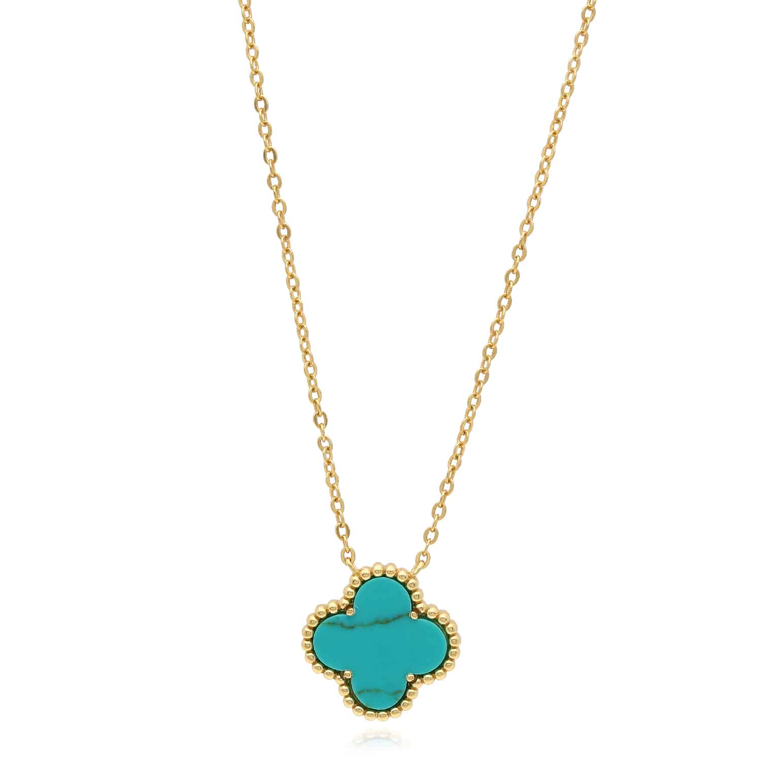 Yellow Gold Over Silver Gemstone Clover Leaf Pendant Necklace 16"-18" Adjustable - Turquoise