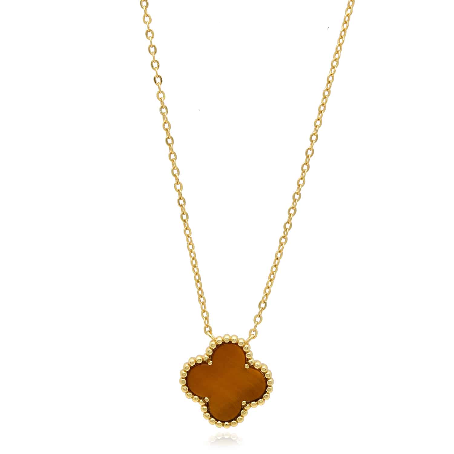 Yellow Gold Over Silver Gemstone Clover Leaf Pendant Necklace 16"-18" Adjustable - Tiger's Eye