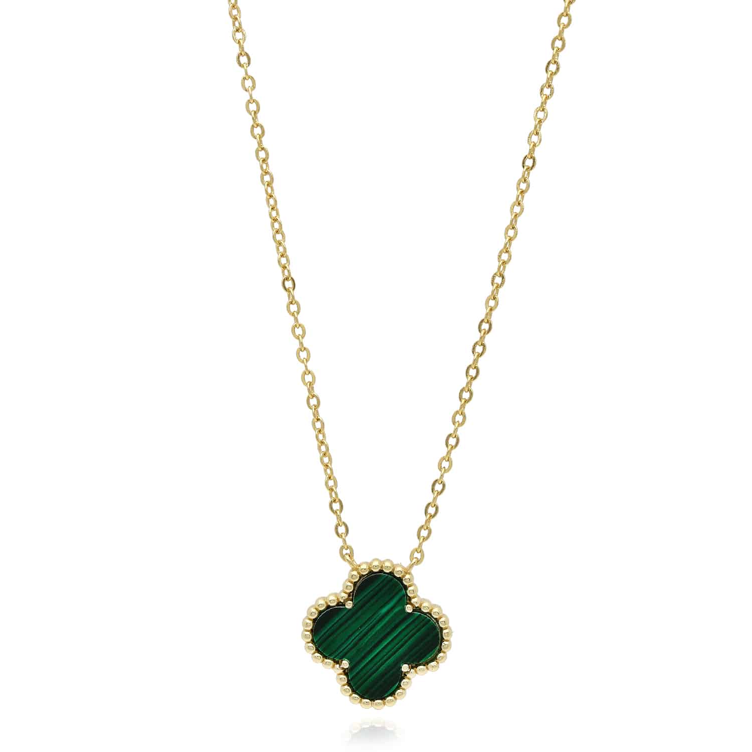Yellow Gold Over Silver Gemstone Clover Leaf Pendant Necklace 16"-18" Adjustable - Malachite