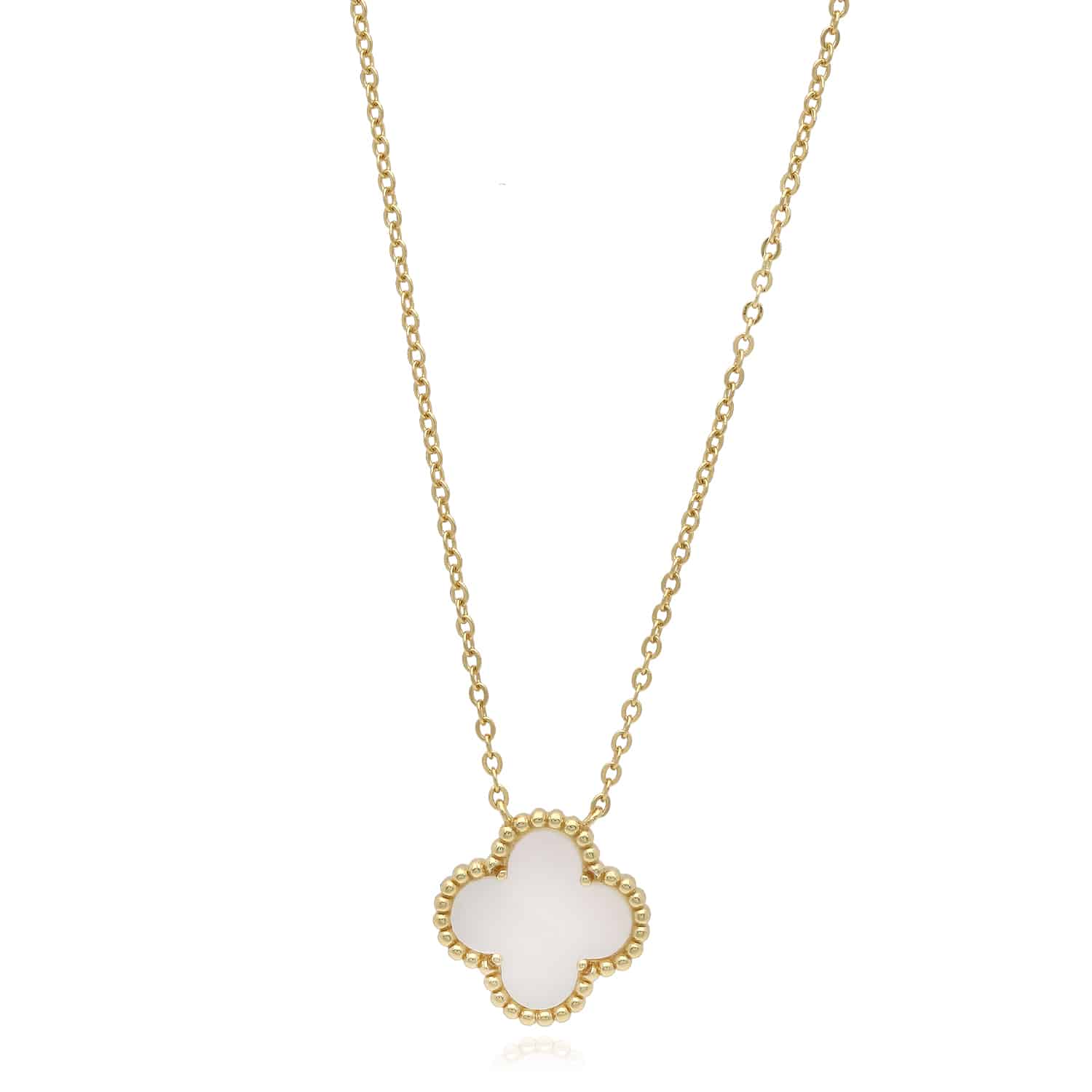 Yellow Gold Over Silver Gemstone Clover Leaf Pendant Necklace 16"-18" Adjustable - Pearl