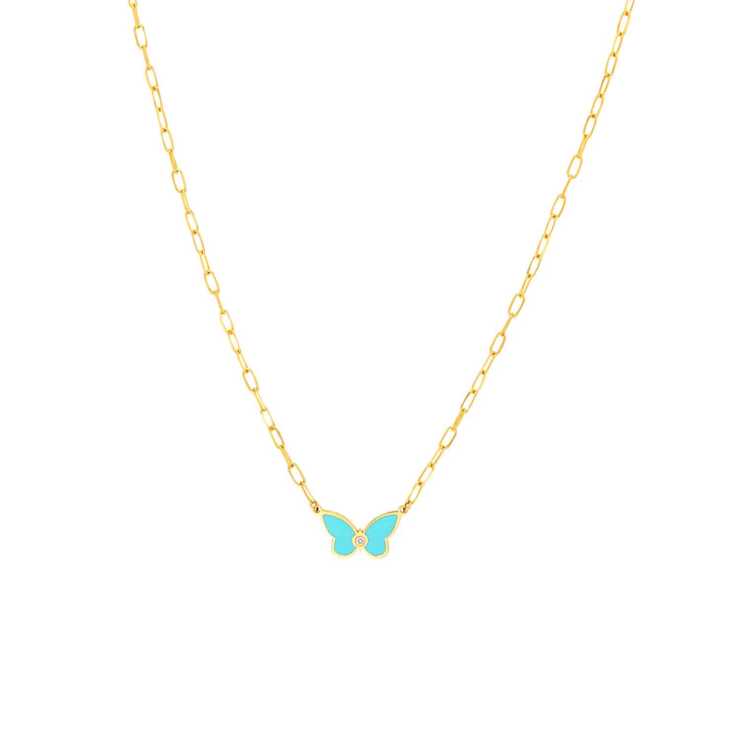 Natural Diamond 14K Yellow Gold Light Turquoise Butterfly Pendant Necklace 18"
