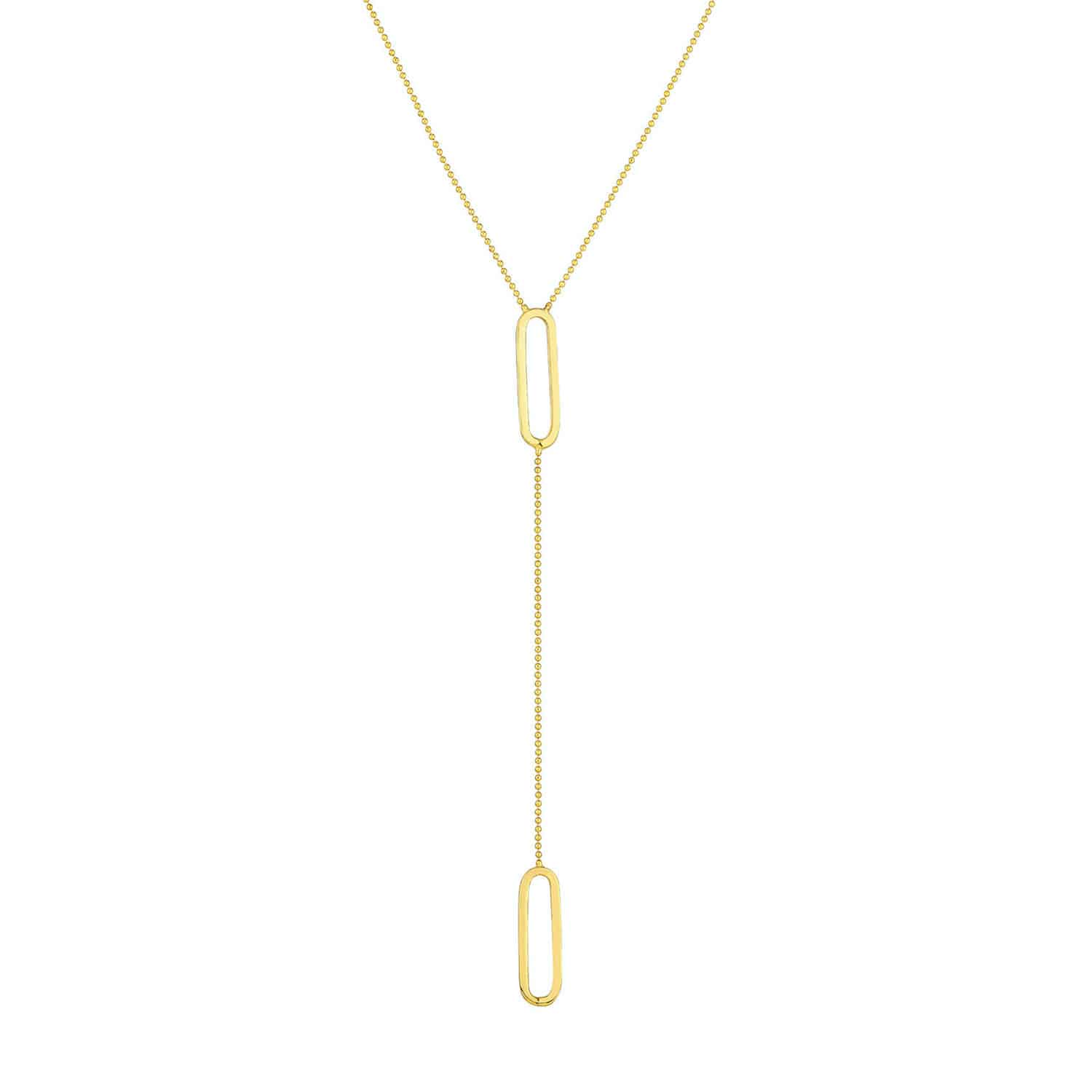 14K Yellow Gold Ball Bead Paperclip Pendant Y-Shaped Necklace 18"