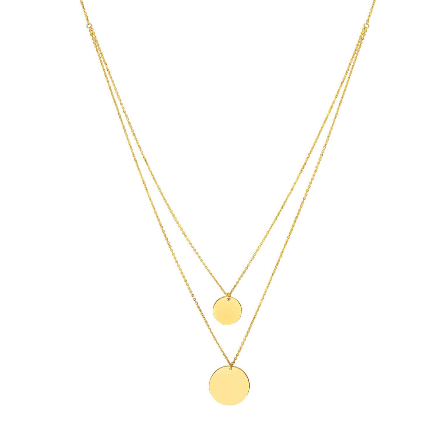 Engravable 14K Yellow Gold Round Personalized Pendant Double Necklace 16"-18"