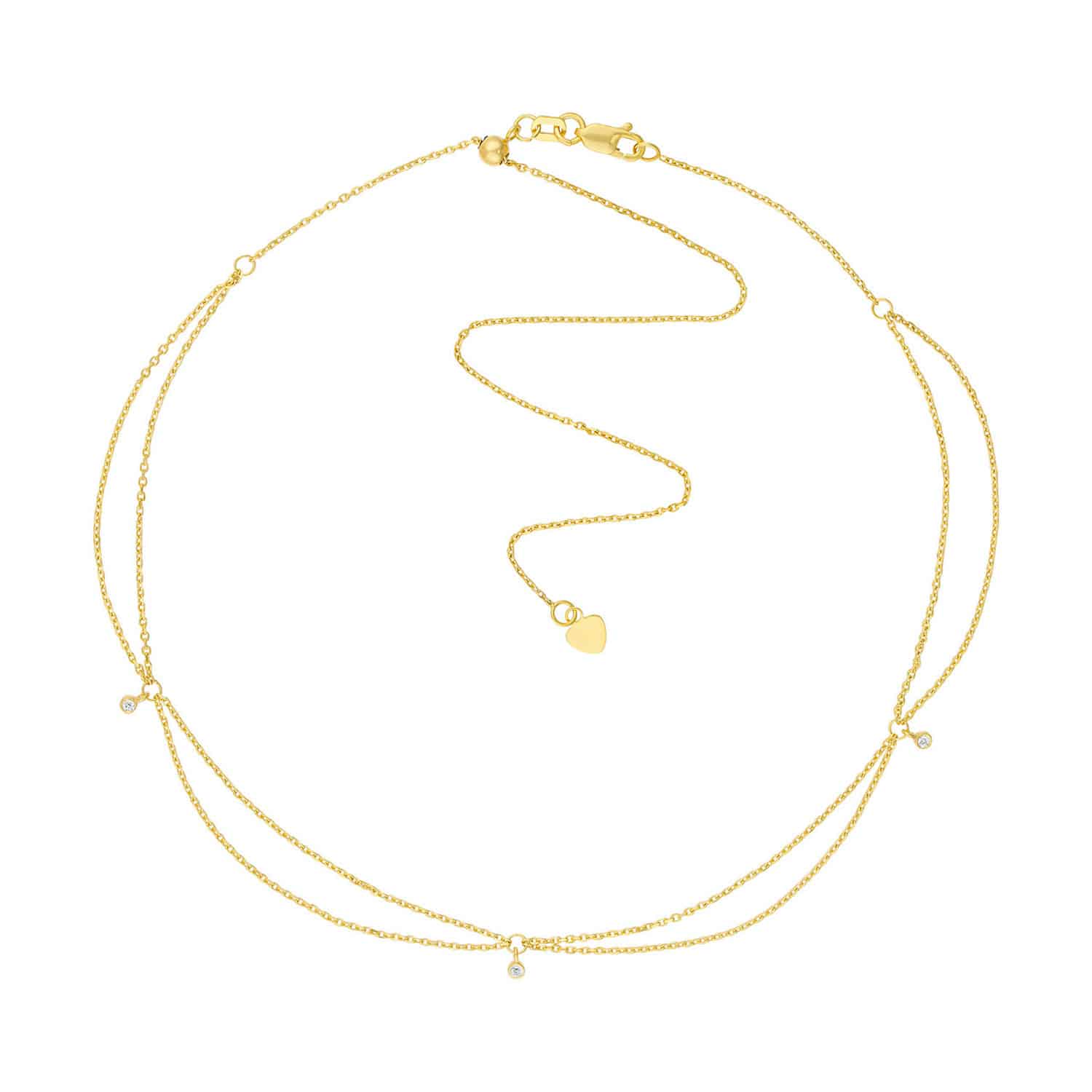 Natural Diamond 14K Yellow Gold Drape Chain Choker Necklace 15"-17" Adjustable