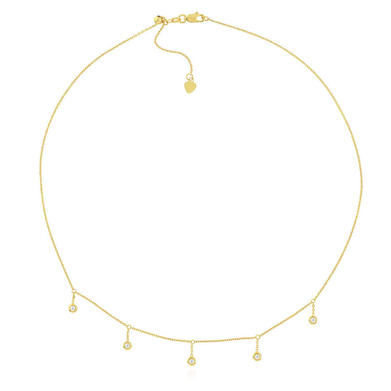Natural Diamond 14K Yellow Gold Bezel Drops Choker Necklace 15"-17" Adjustable - Yellow Gold